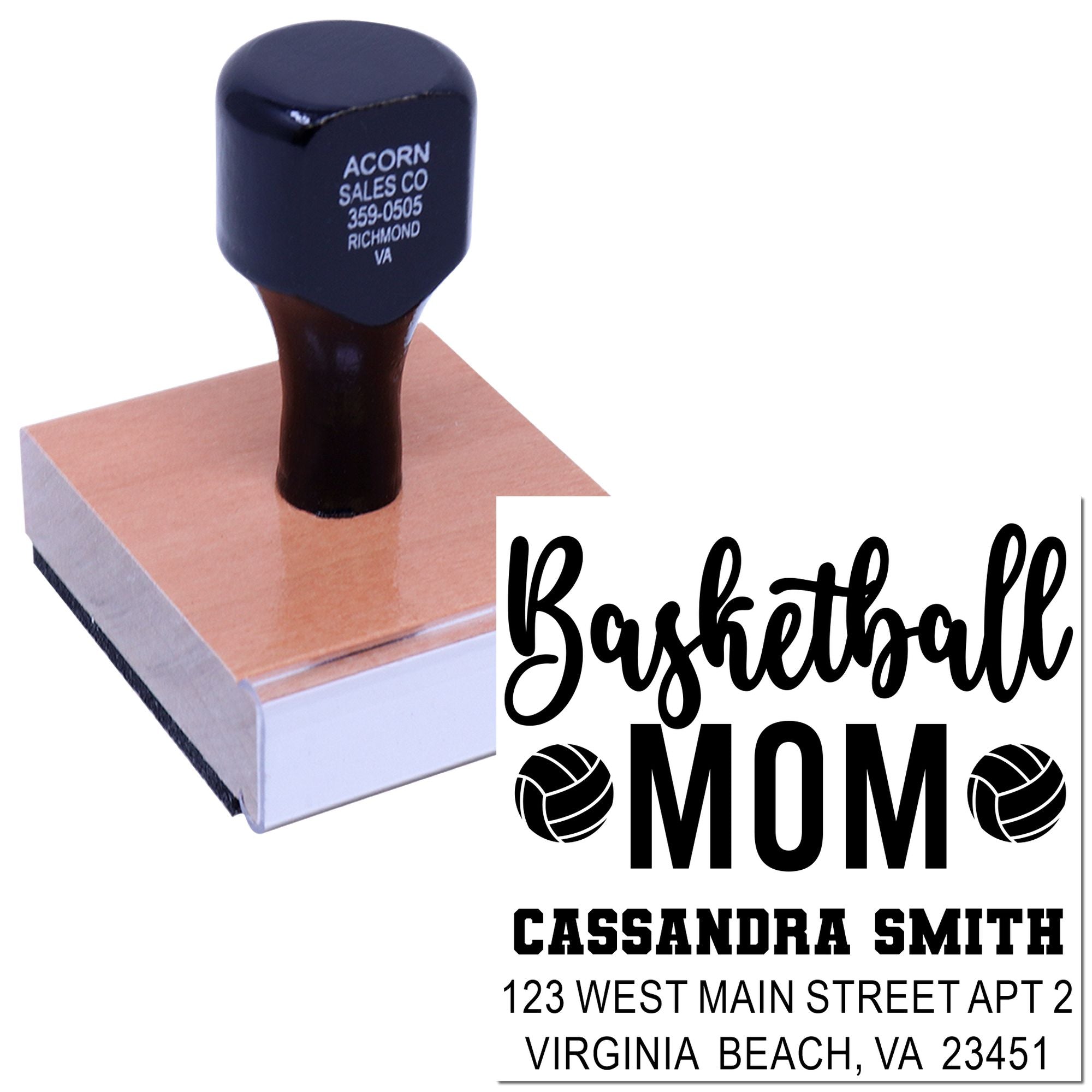 Custom basketball mom rubber address stamp with name and Virginia Beach, VA return address.