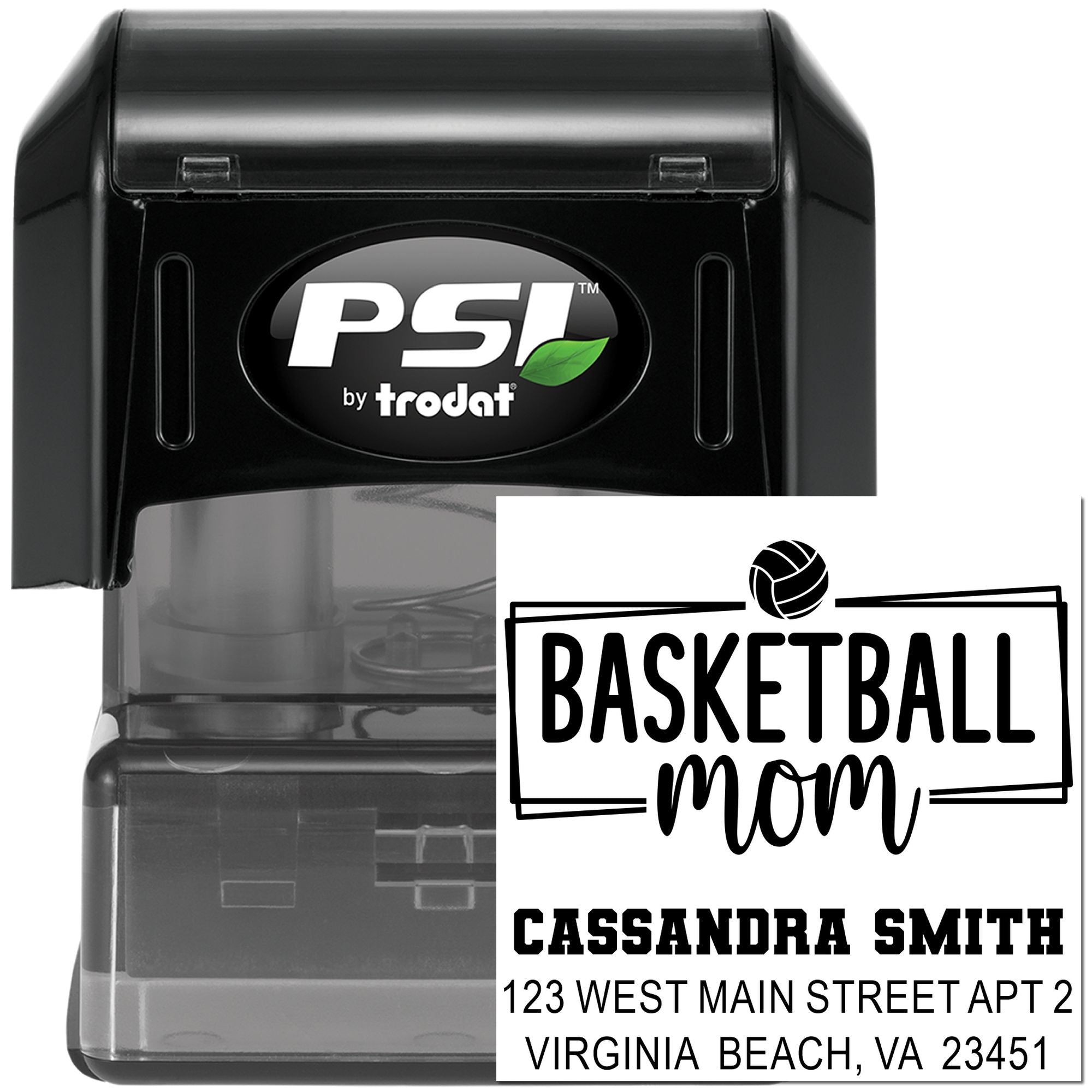 PSI by Trodat self-inking rubber stamp with custom Basketball Mom return address design
