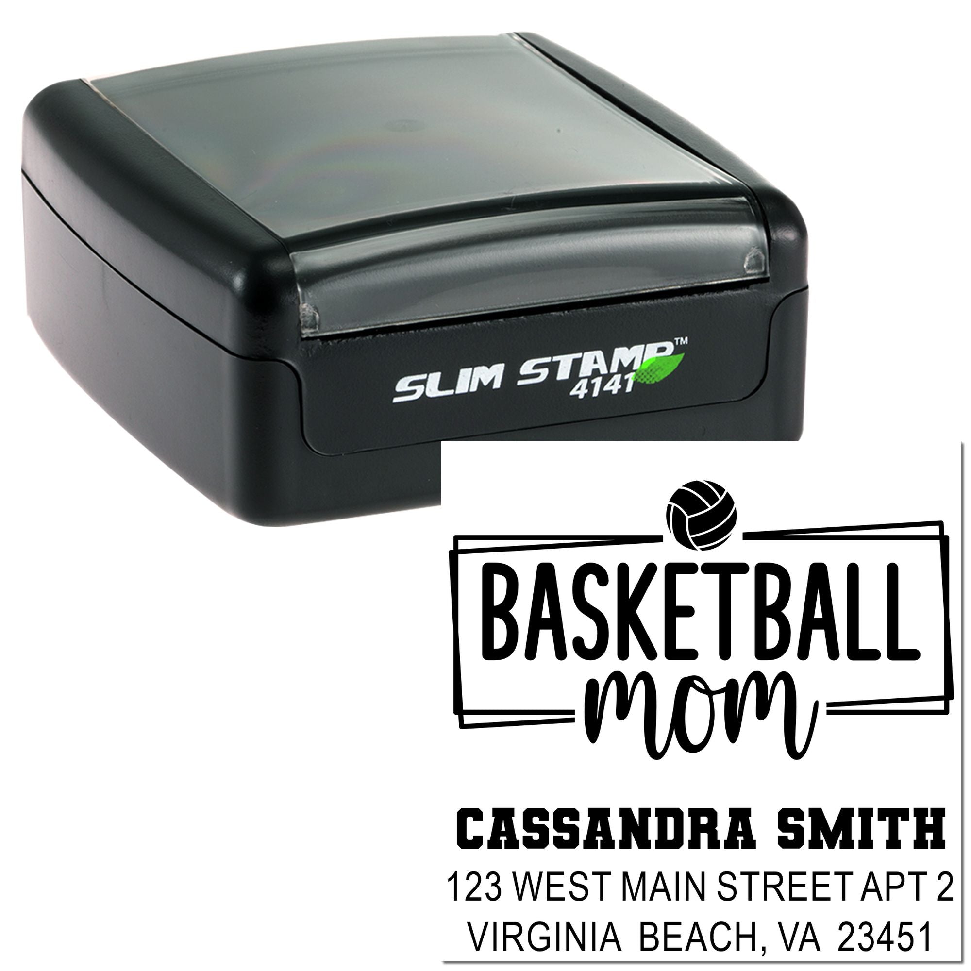 Basketball Mom Pride Personalized 3-Line Rubber Pre-Inked Stamp with 1-5/8" Square