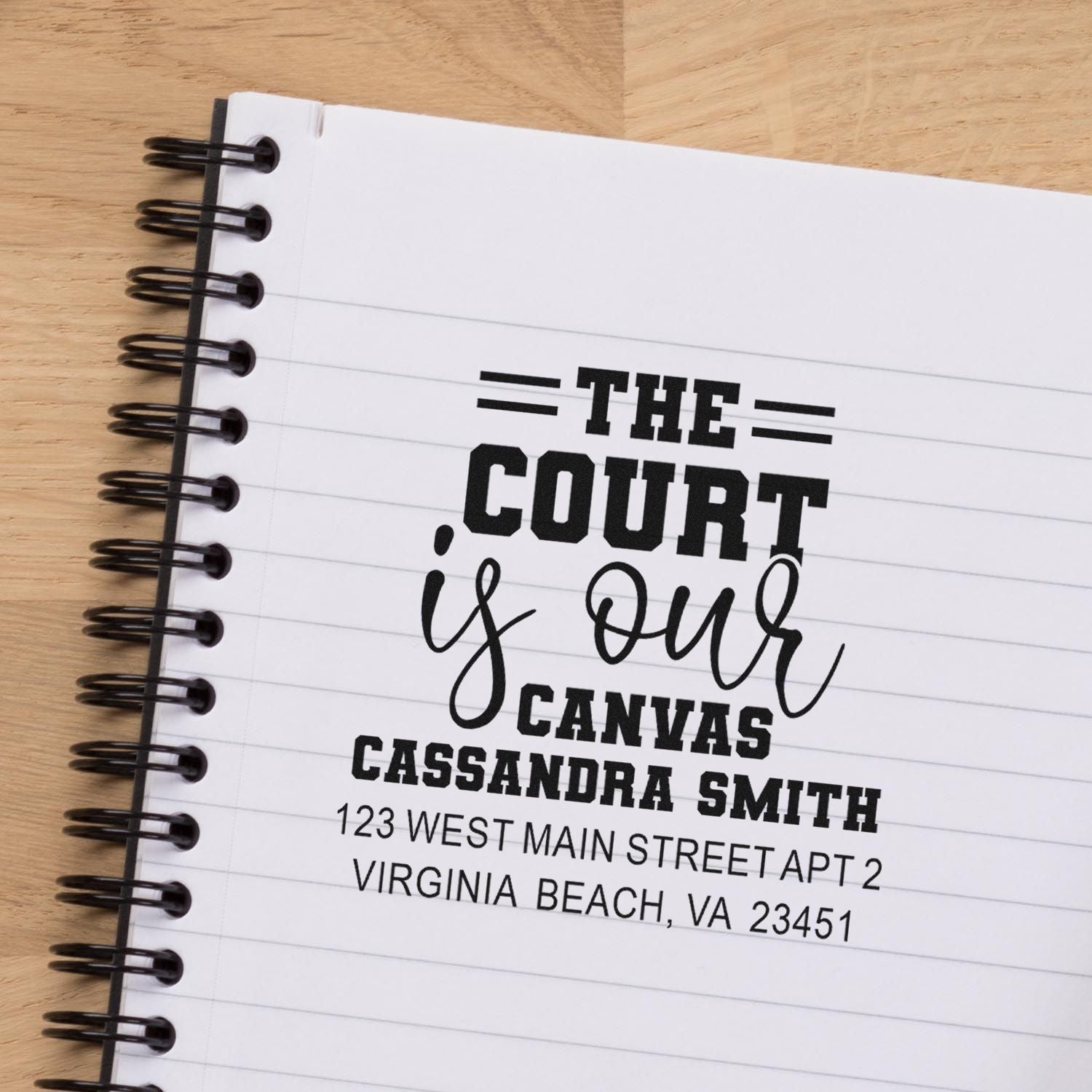 Custom rubber stamp imprint with The Court Is Our Canvas, personalized name and address for legal stationery.