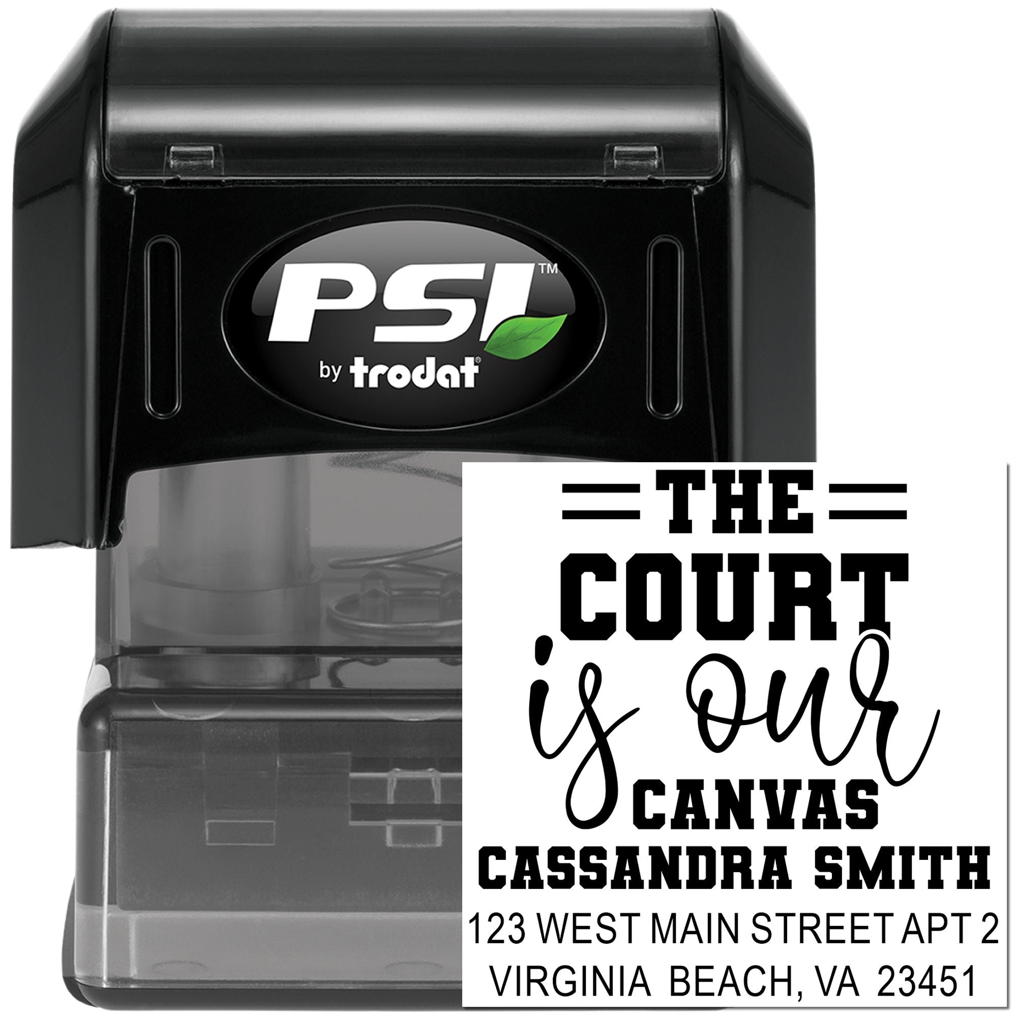 PSI by Trodat self-inking custom address rubber stamp with imprint for The Court is Our Canvas, Virginia Beach, VA.