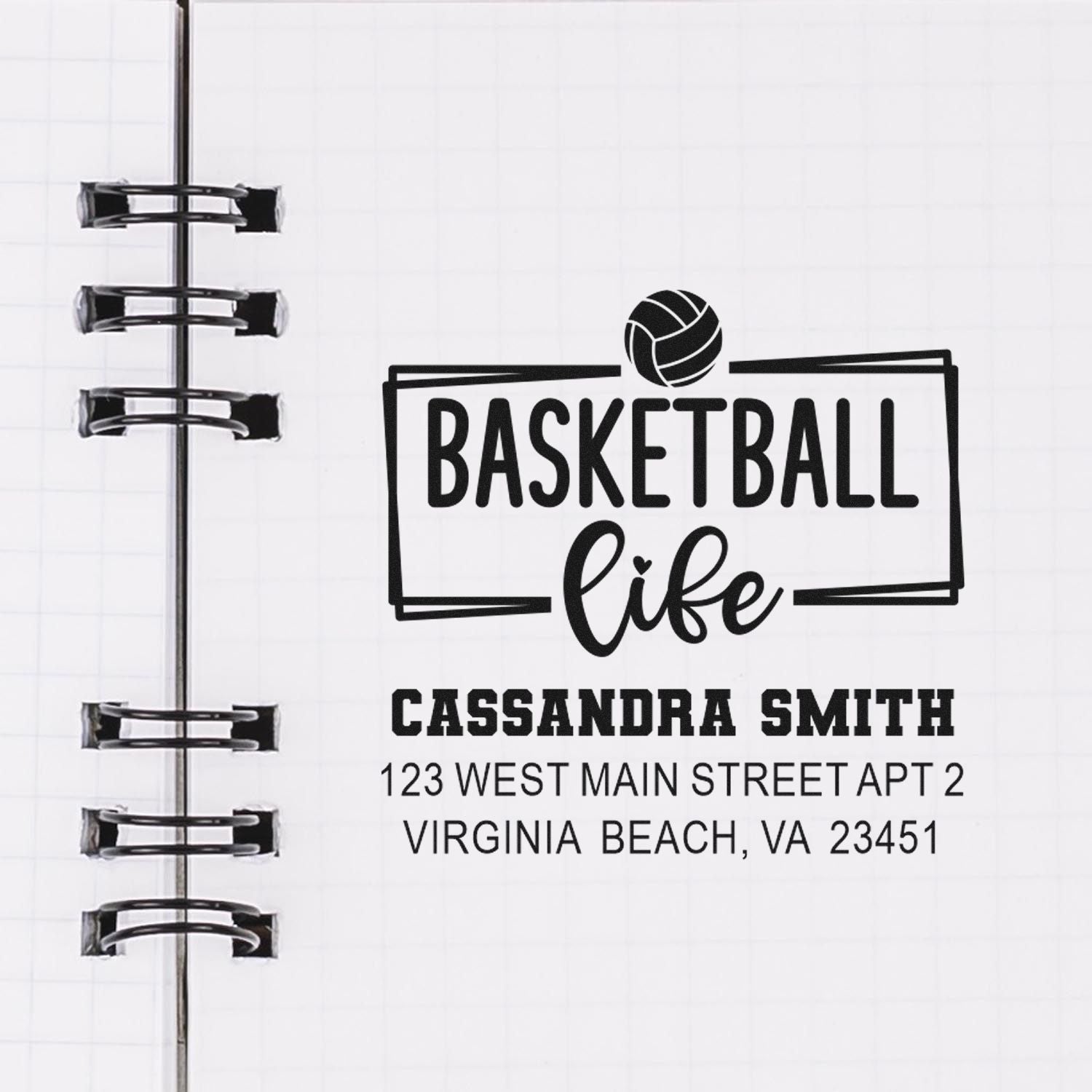 Personalized basketball life rubber stamp with name and address for custom sports-themed stationery.