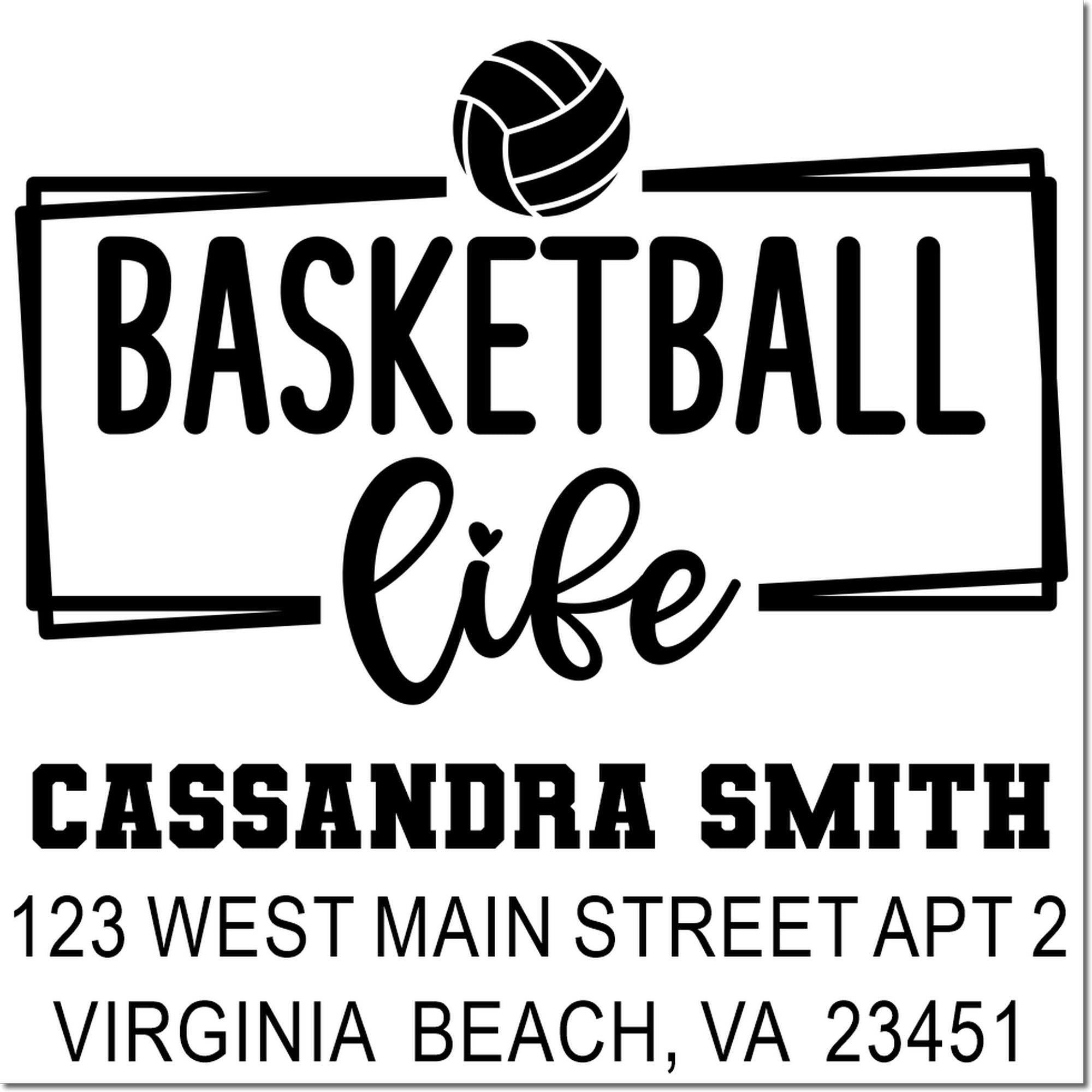 Custom basketball life return address rubber stamp for Cassandra Smith, Virginia Beach, VA 23451, with basketball logo.