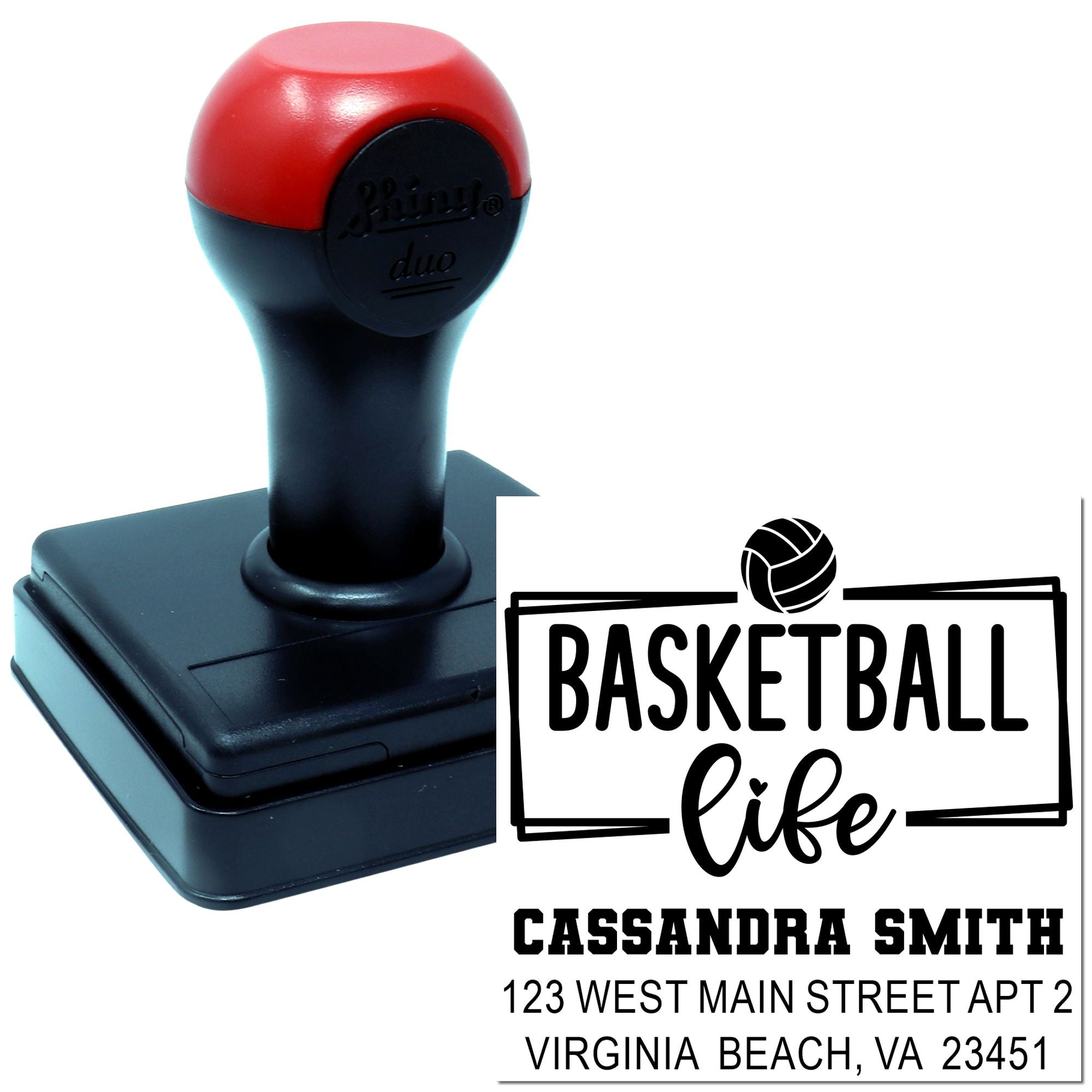 Self-inking custom basketball life rubber stamp with name and address for personalized stationery and sports-themed mailings.