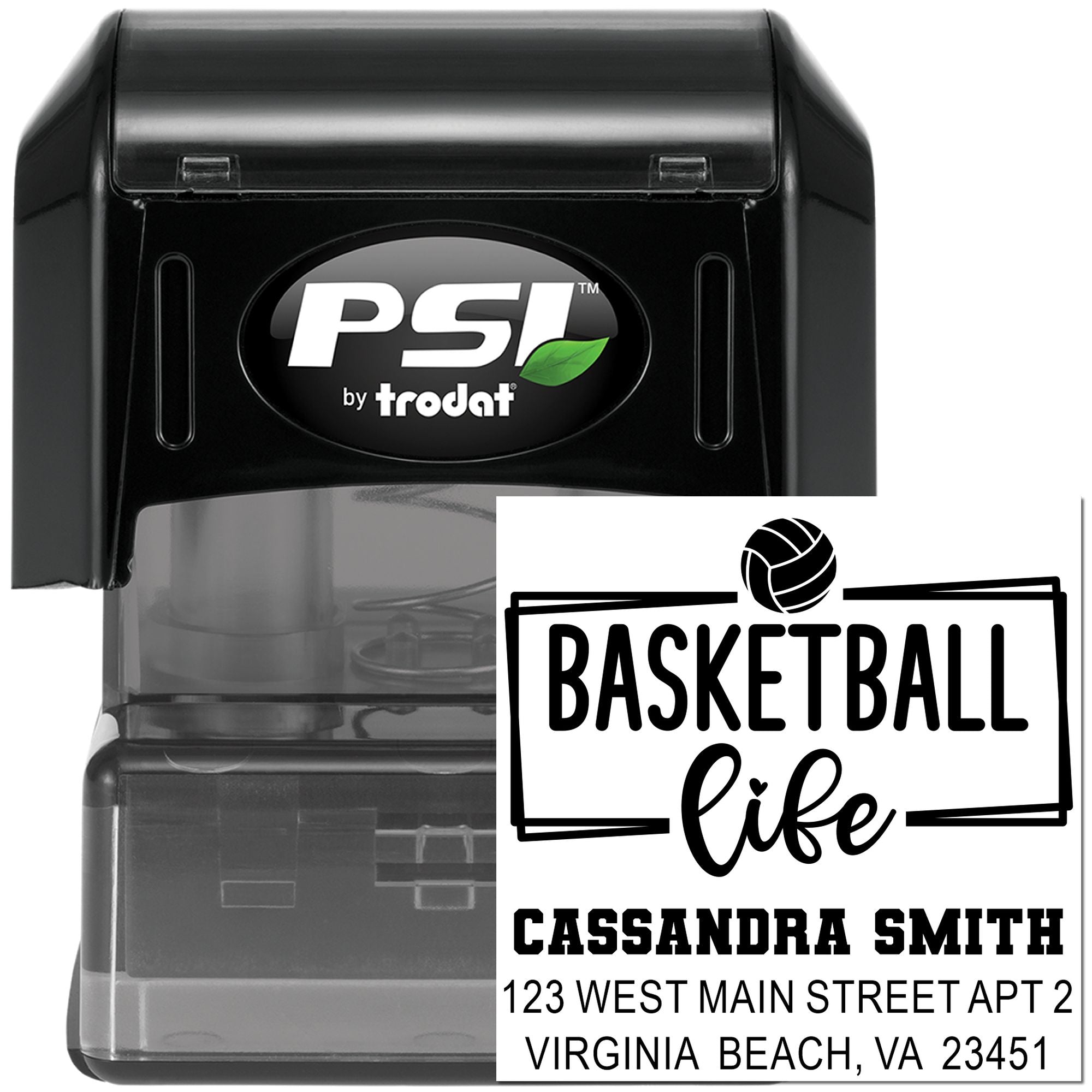 Basketball Life custom self-inking rubber stamp with name and address, ideal for personalized sports-themed mailing.