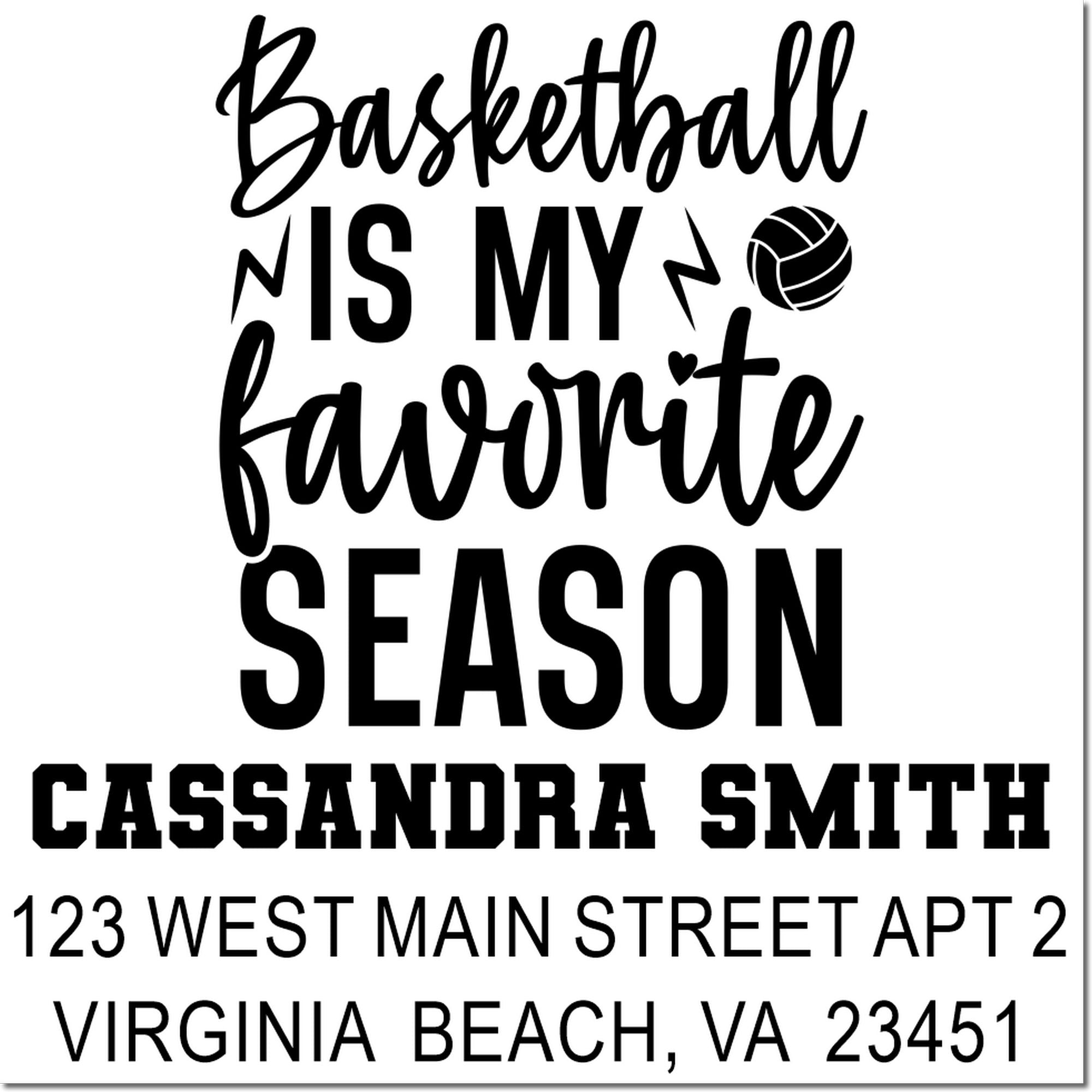 Custom basketball-themed address rubber stamp for Cassandra Smith, Virginia Beach, VA 23451.