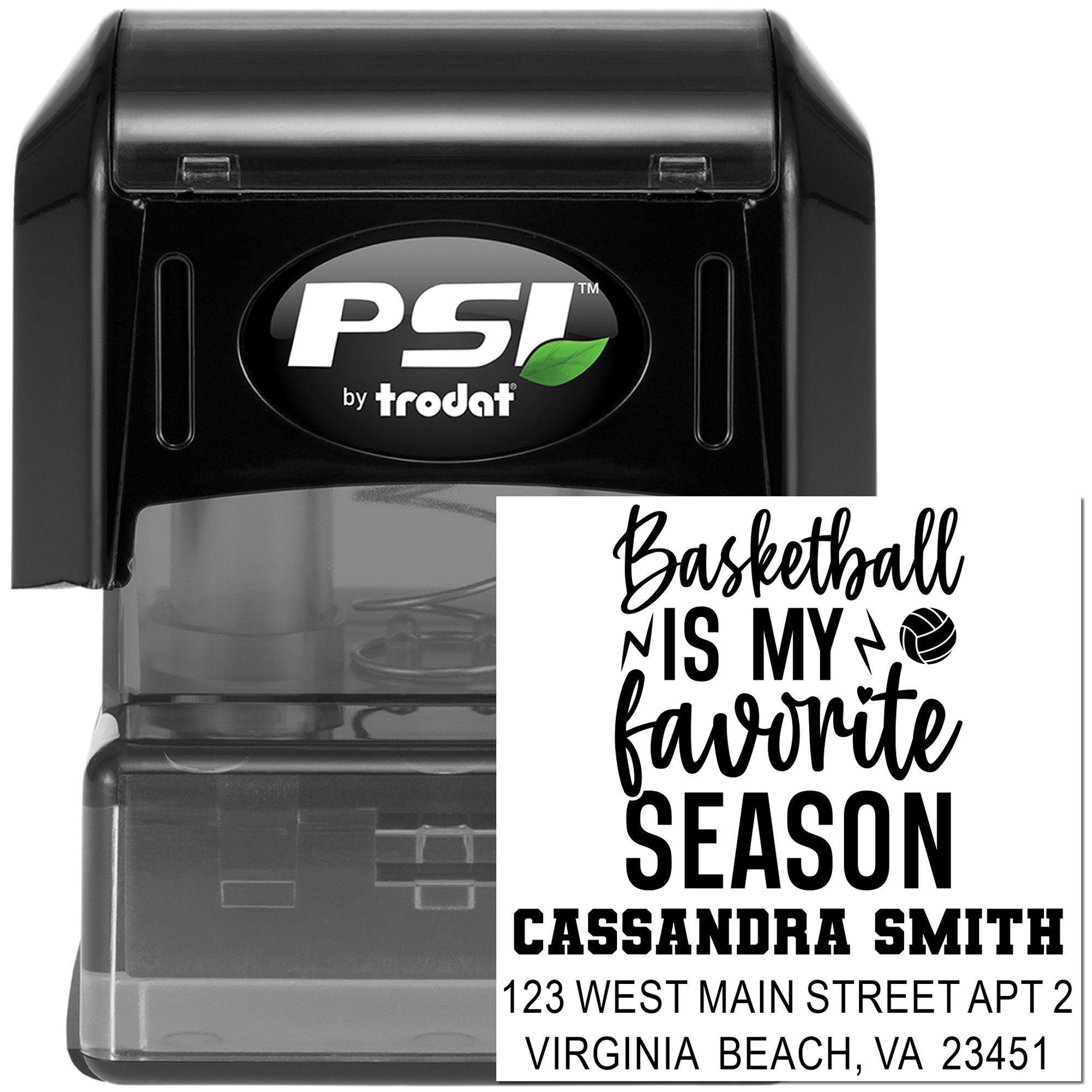 Custom self-inking address rubber stamp with basketball season design, name, and address by PSI Trodat.