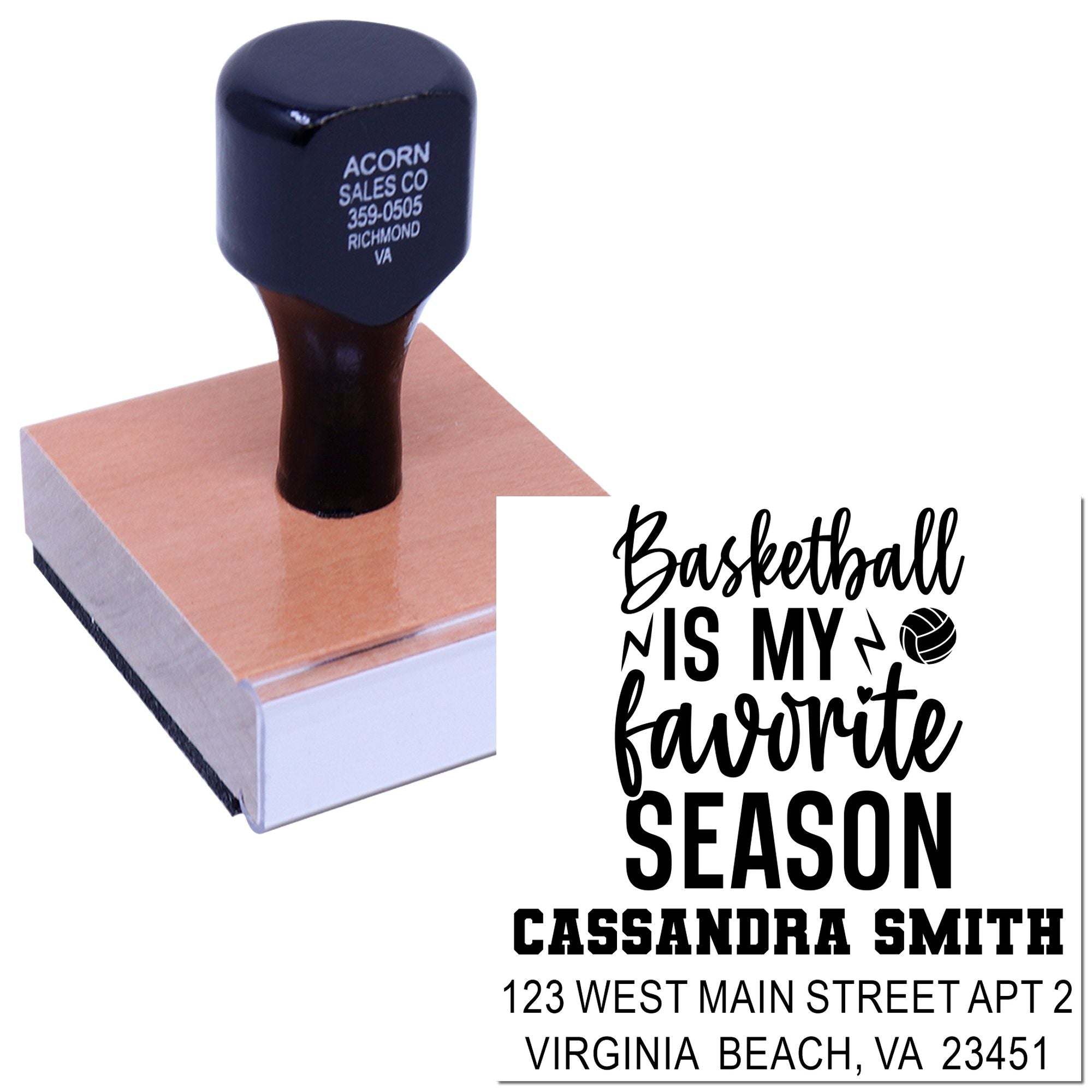 Custom basketball rubber stamp with personalized name and address imprint, featuring Basketball is my favorite season design.