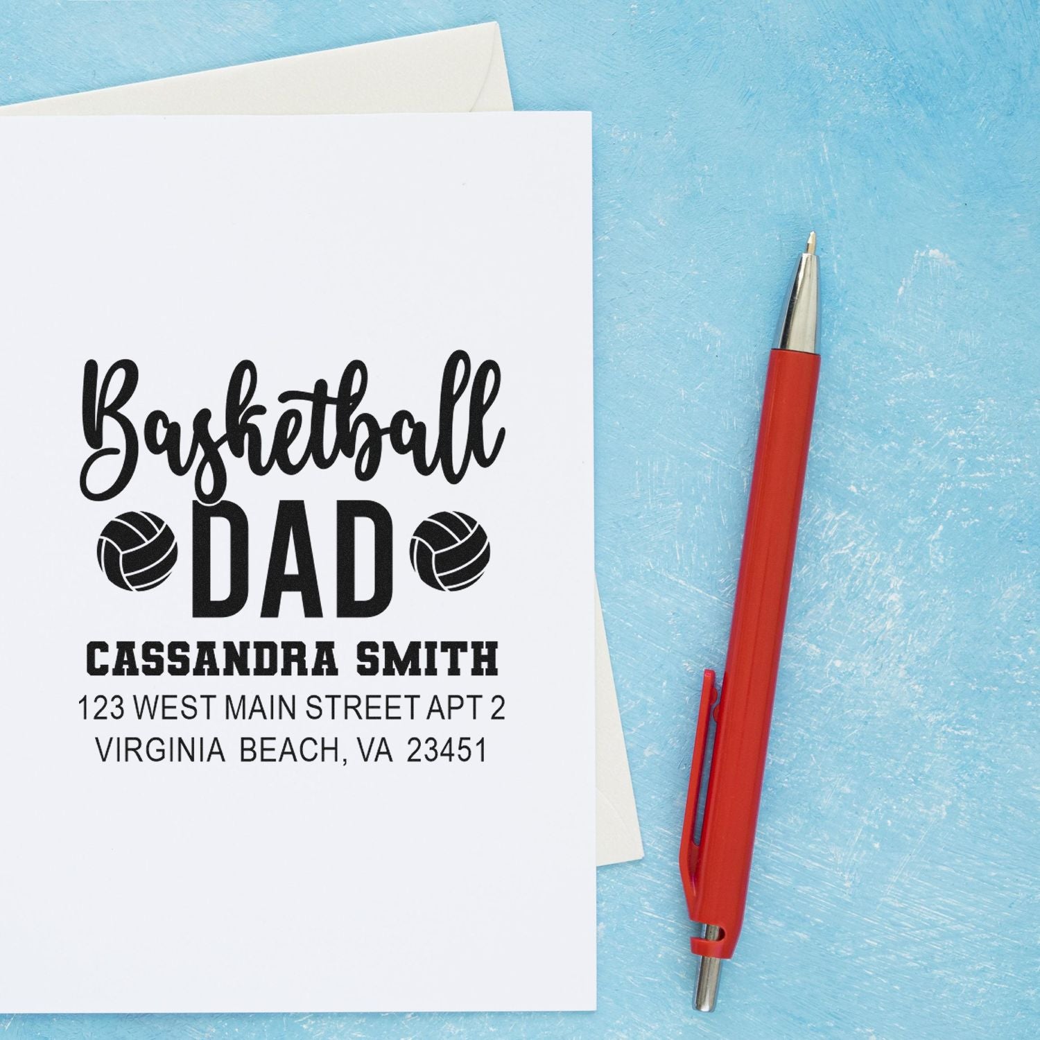 Custom basketball dad return address rubber stamp with name and address, perfect for personalized sports-themed mail.
