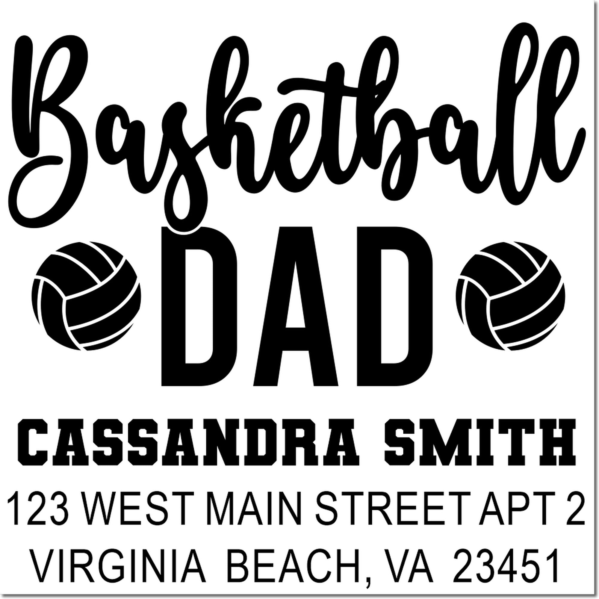 Custom basketball dad address stamp with Cassandra Smith, Virginia Beach, VA 23451, for personalized mailing and gifts