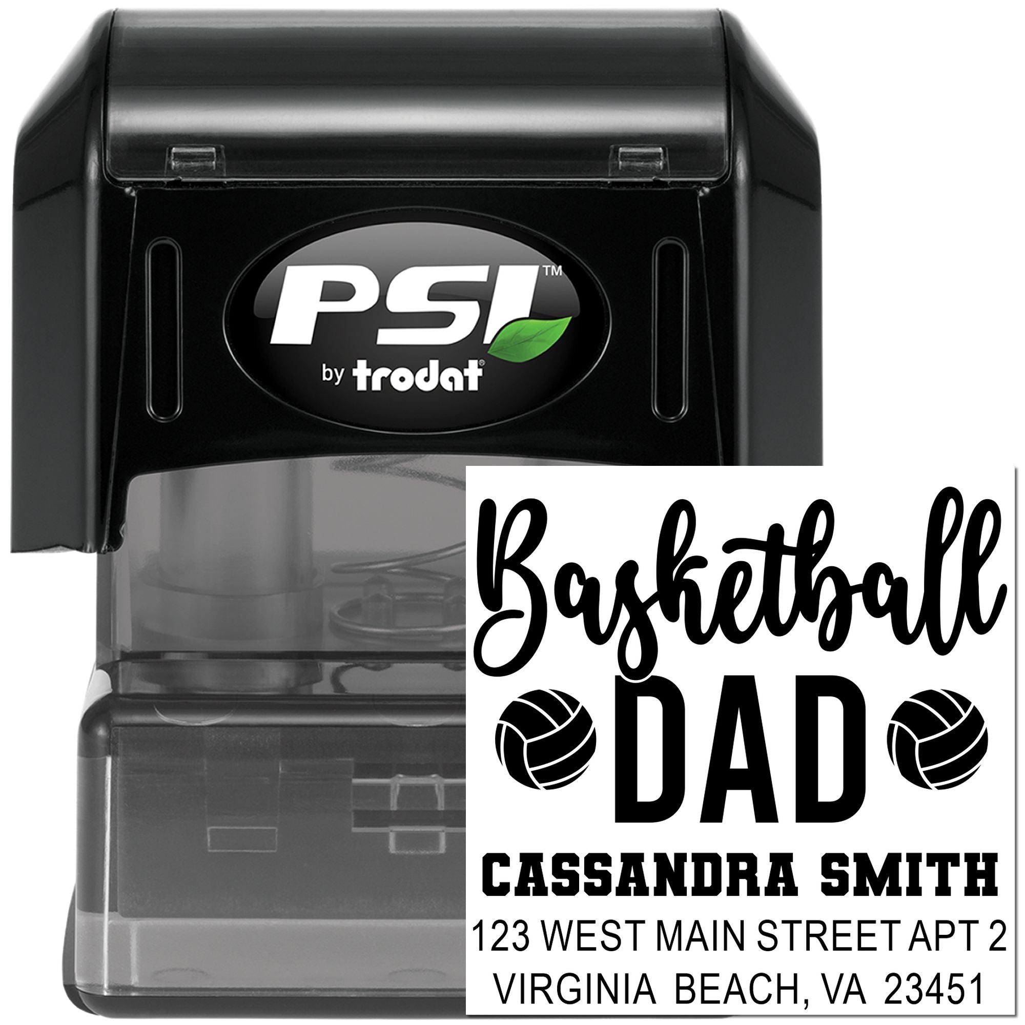 PSI by Trodat self-inking rubber stamp with custom basketball dad address design and name imprint