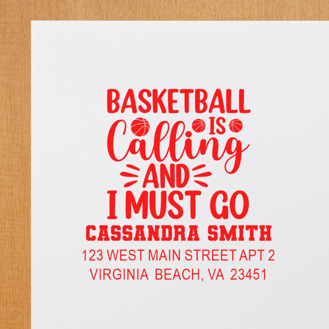 Personalized basketball-themed address rubber stamp for Cassandra Smith, Virginia Beach, VA.