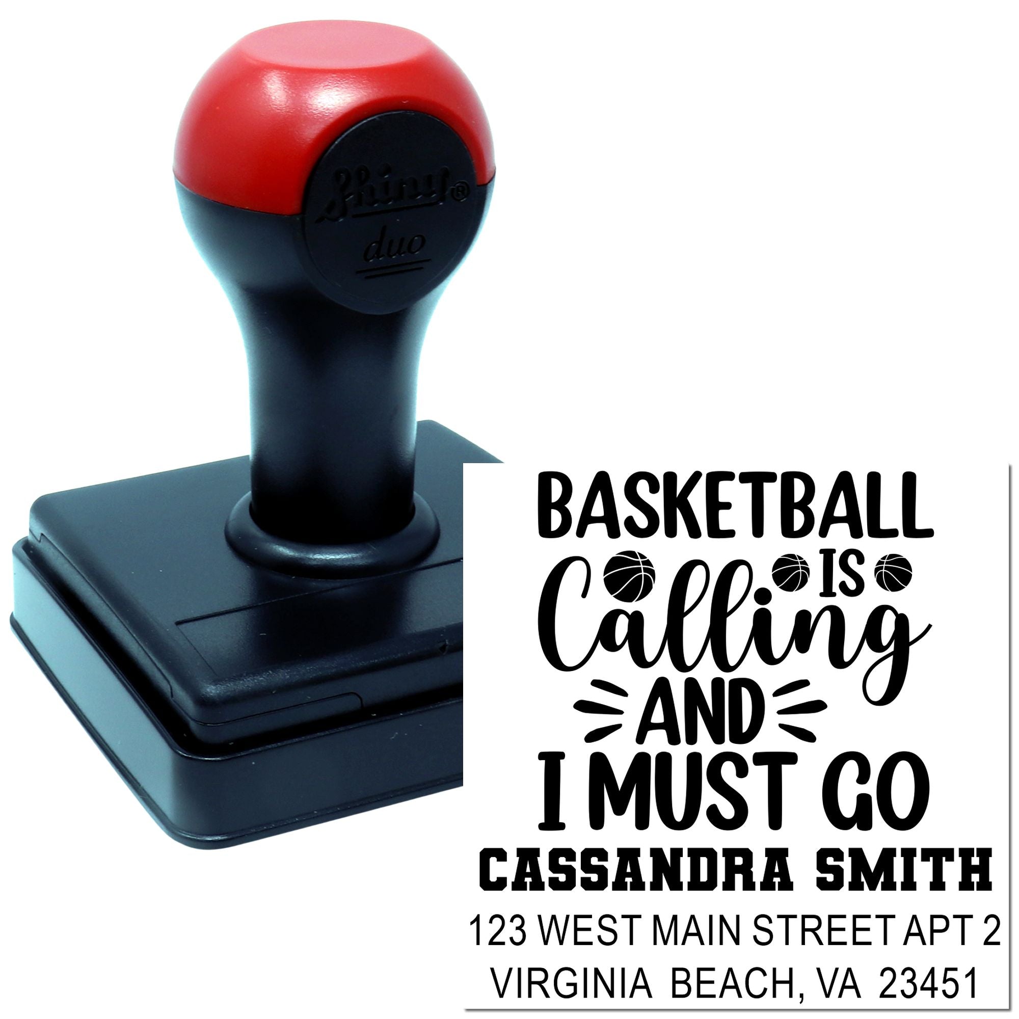 Basketball-themed self-inking rubber stamp with personalized return address and motivational slogan.