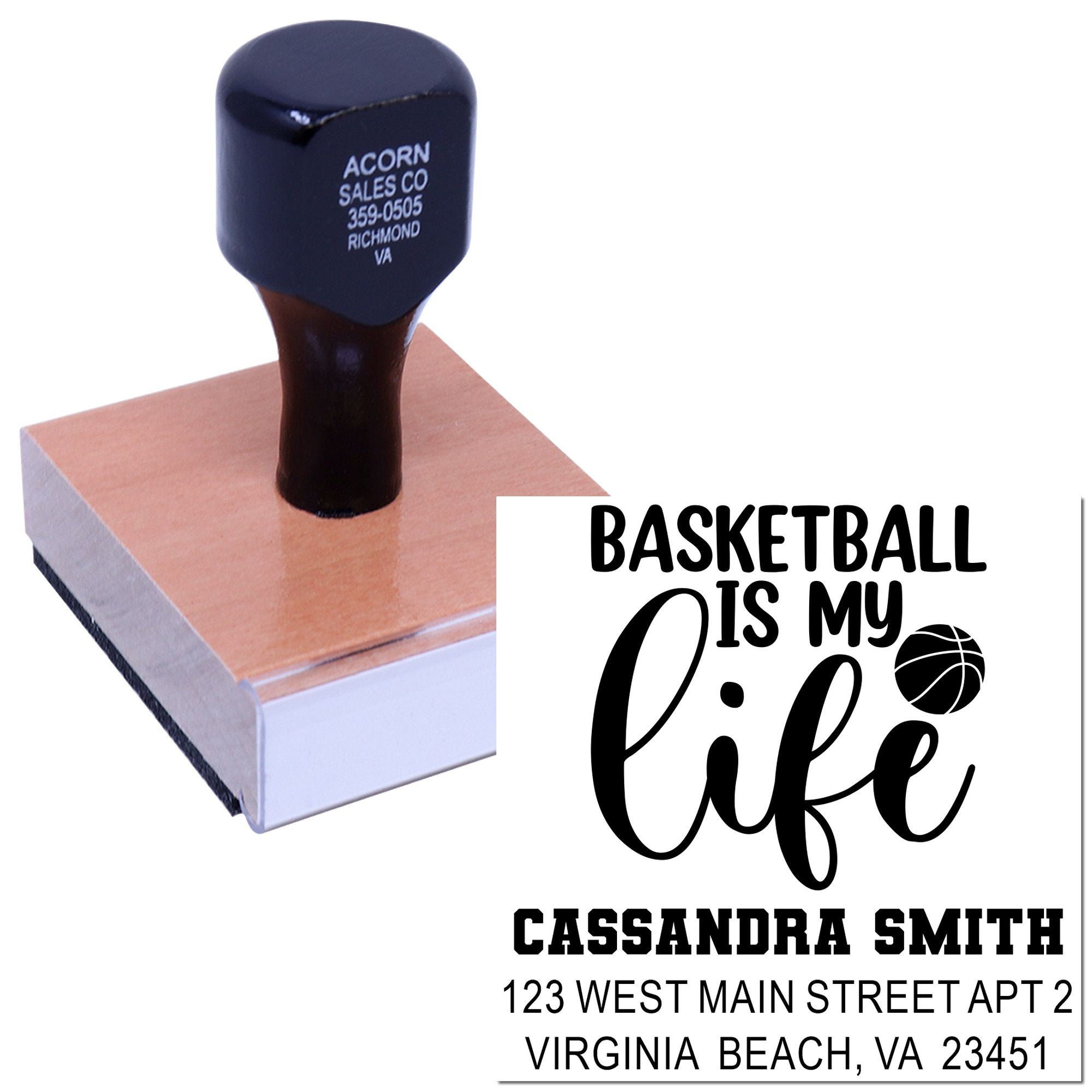 Personalized basketball return address rubber stamp with Basketball Is My Life design for sports-themed stationery.