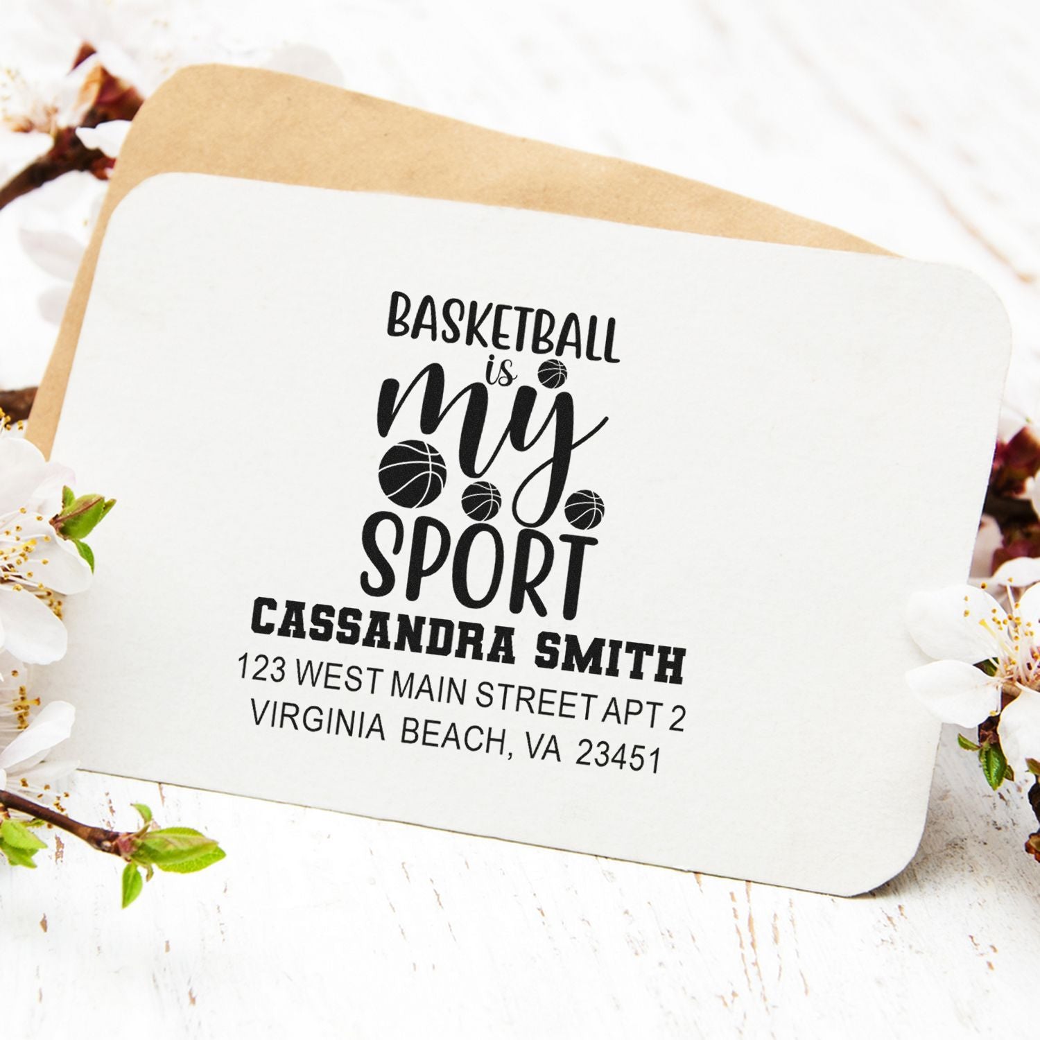 Custom basketball return address rubber stamp with Basketball Is My Sport design for personalized envelopes.