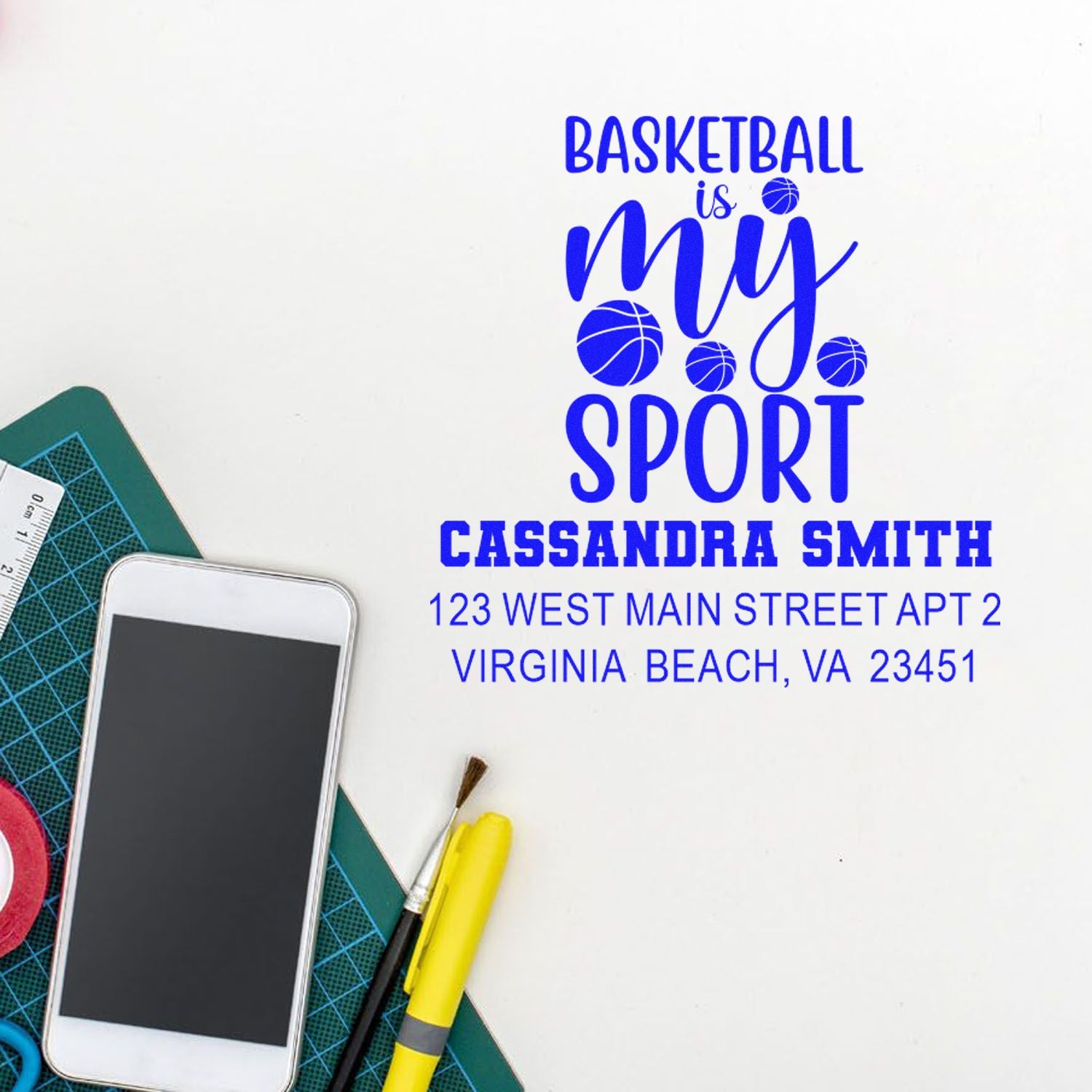 Custom basketball-themed address rubber stamp for Cassandra Smith, Virginia Beach, VA return address.