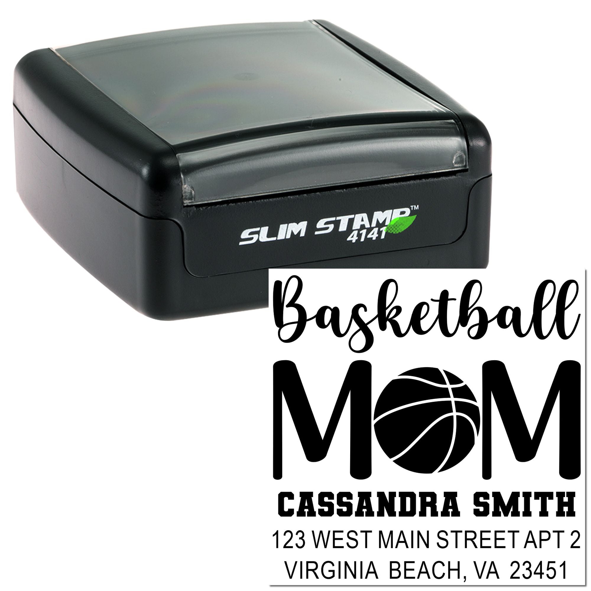 Basketball Mom Chic Custom 3-Line Square Rubber Stamp â€“ Personalized Slim Pre-Inked Gift