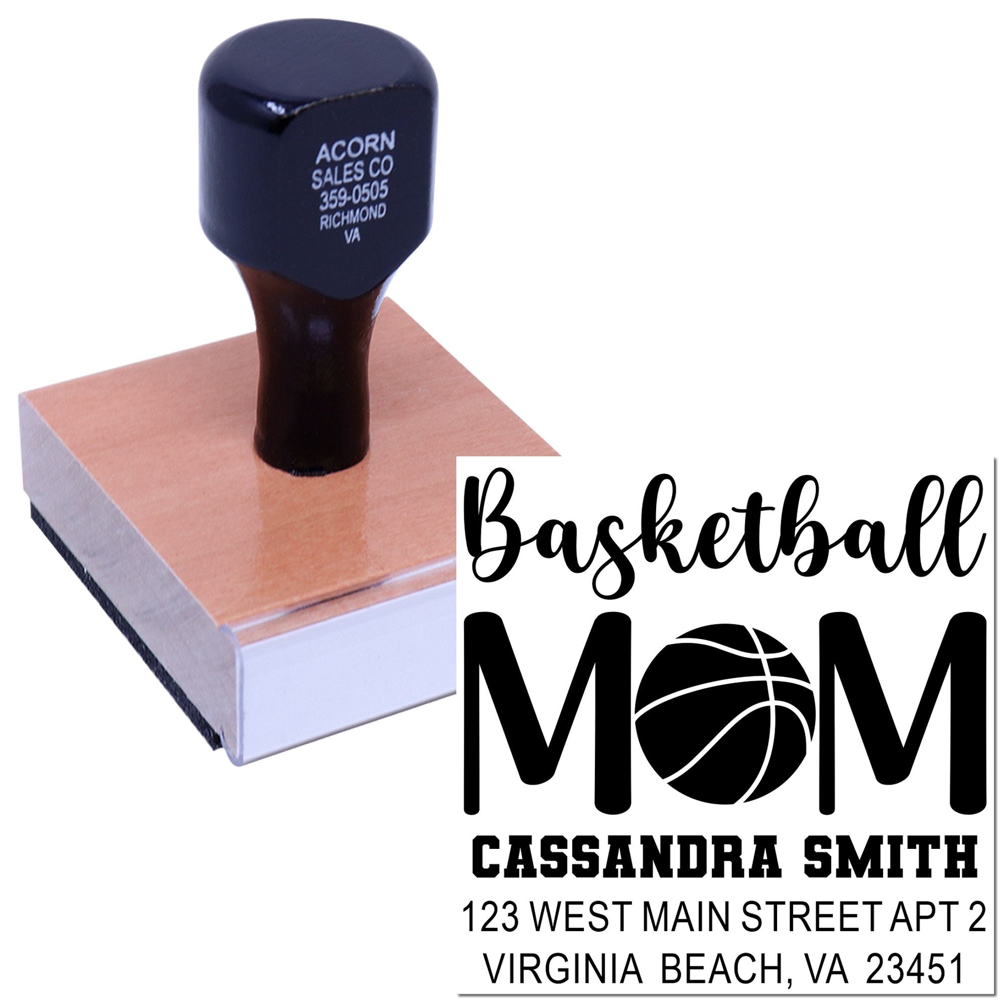 Custom basketball mom rubber stamp with personalized name and address for stationery, packaging, or return mail.