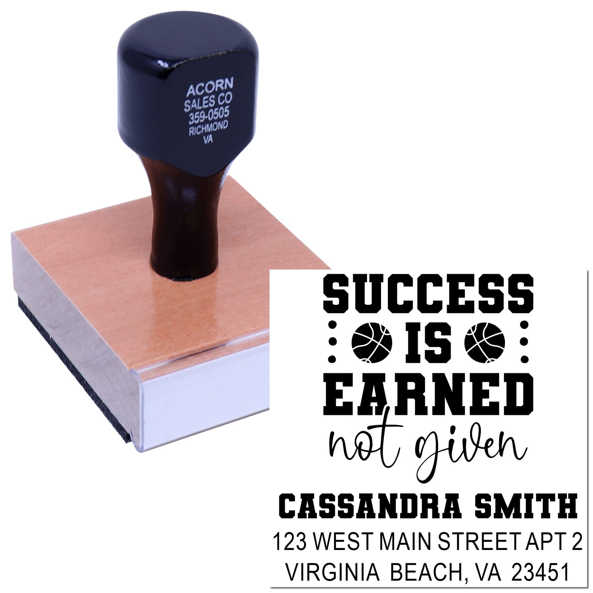 Custom basketball rubber stamp with Success is earned not given design and personalized name and address for team branding.