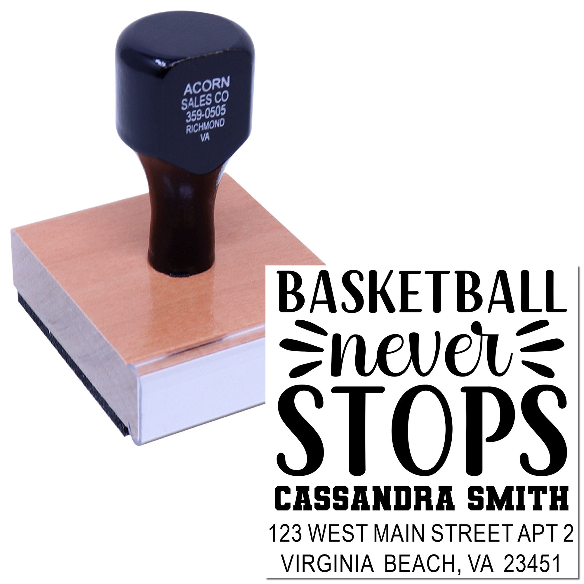Custom basketball self-inking rubber stamp with Basketball never stops and personalized name and address.