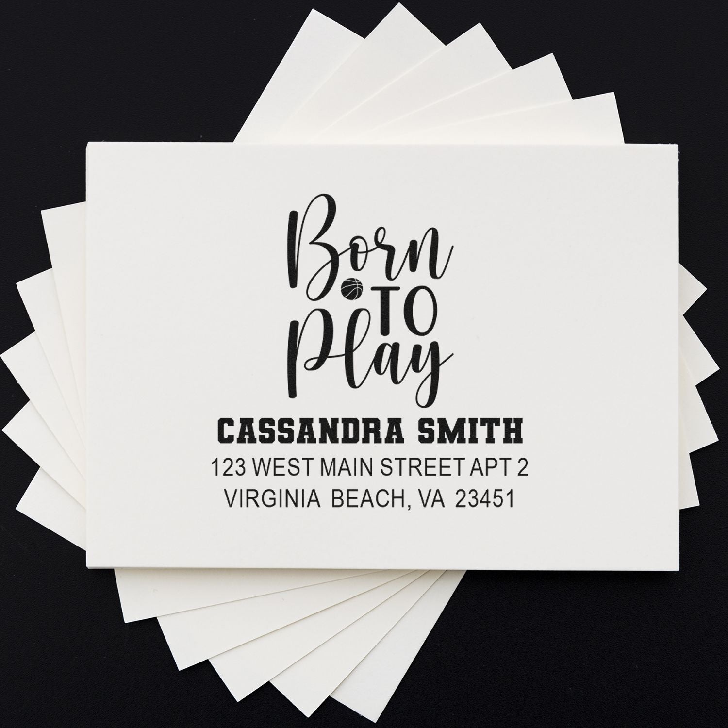 Personalized Born to Play basketball return address rubber stamp with name and Virginia Beach, VA address.
