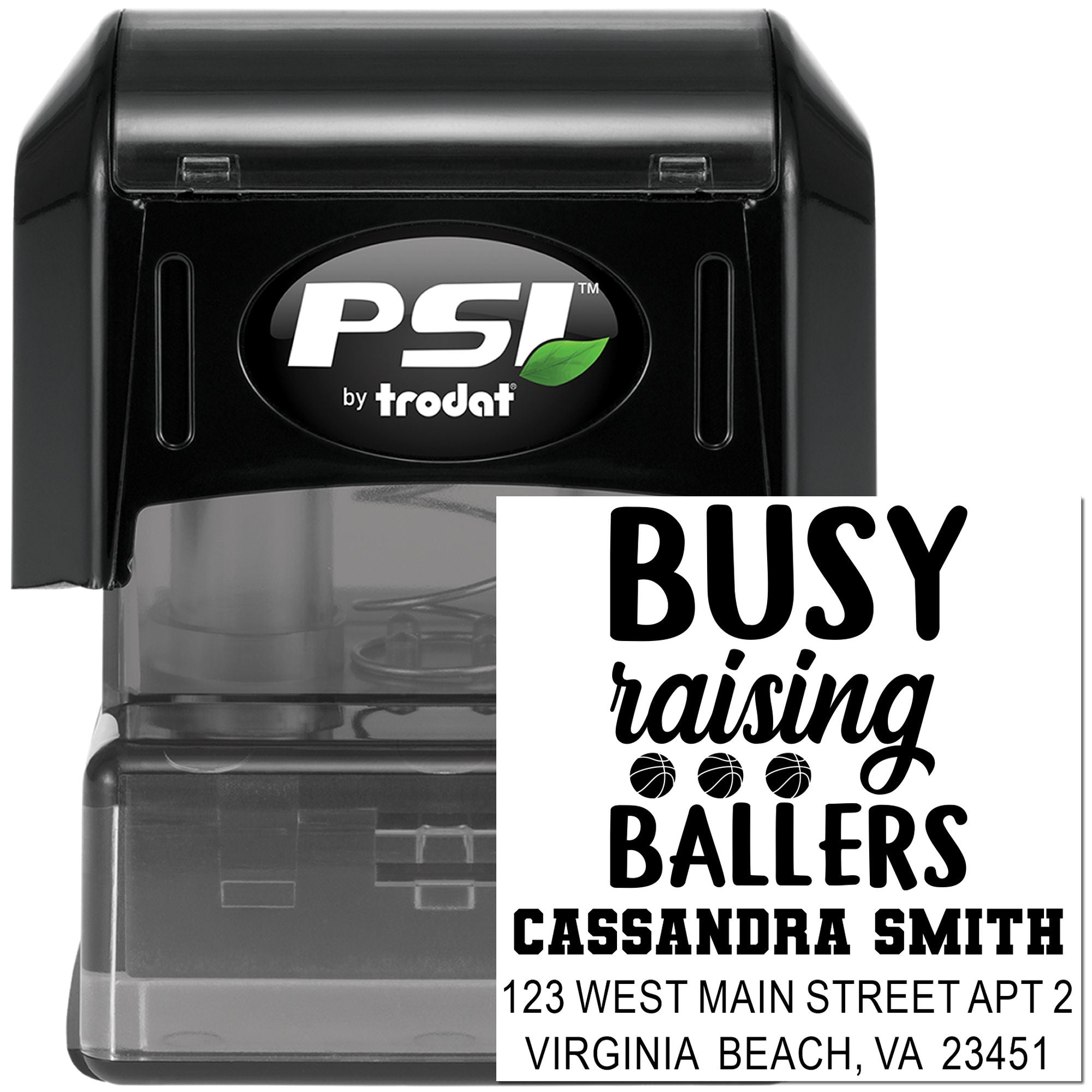Personalized self-inking return address stamp with Busy Raising Ballers basketball design, PSI by Trodat.