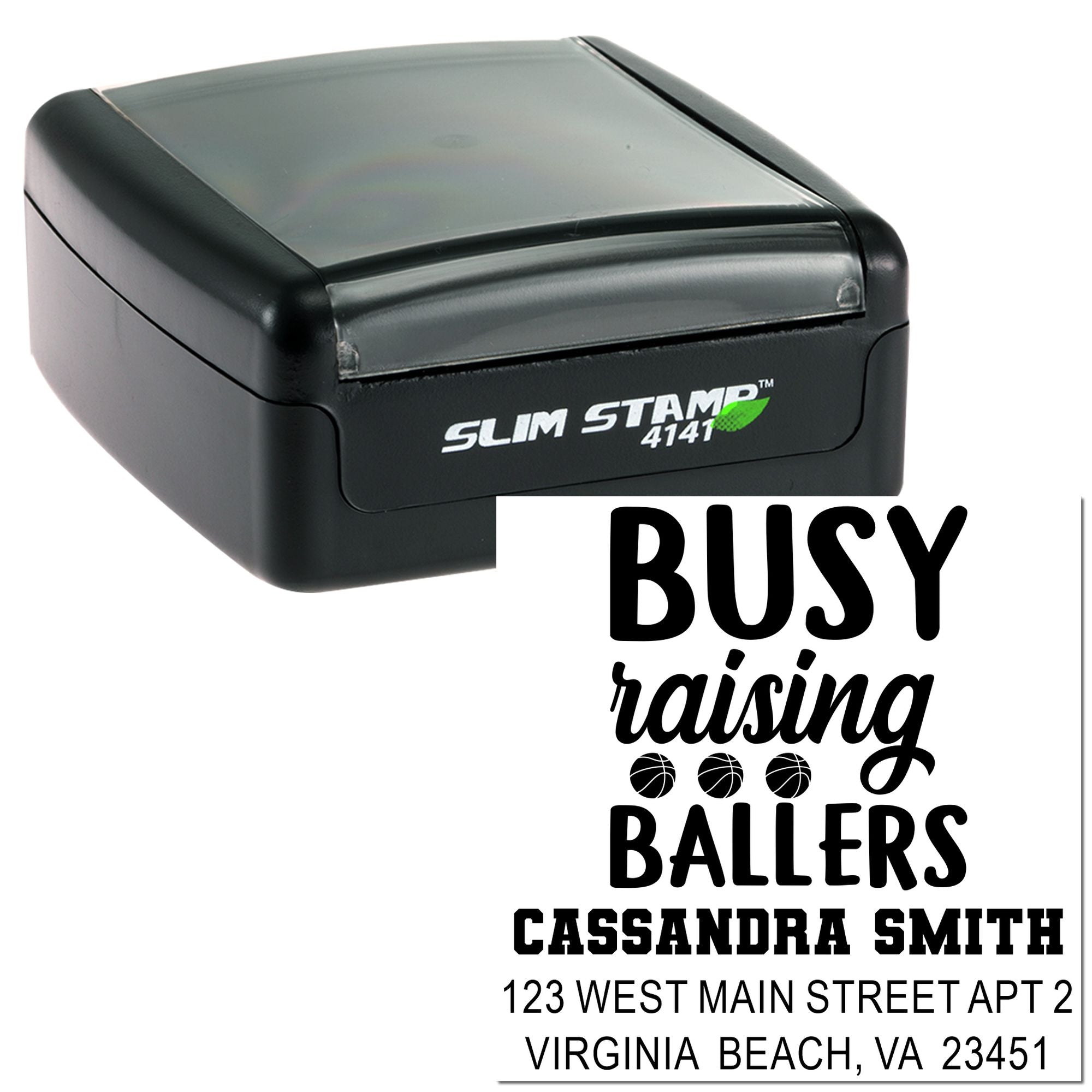 Custom self-inking rubber stamp with Busy raising ballers return address for personalized basketball-themed mailing.