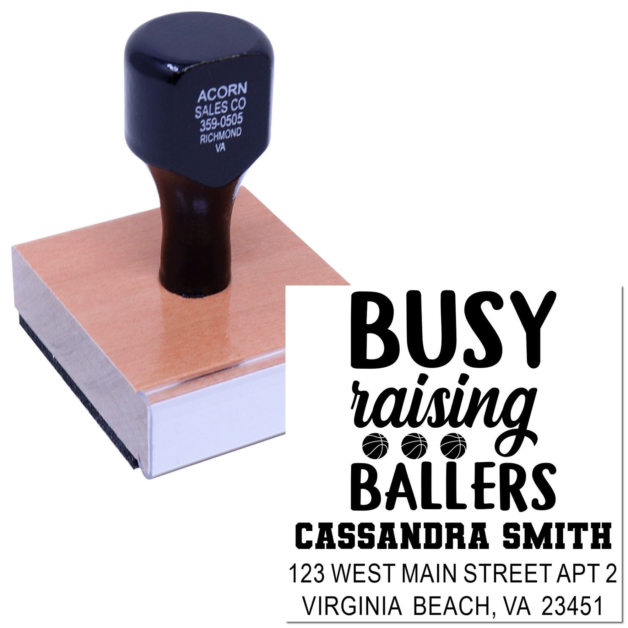 Custom return address rubber stamp with Busy Raising Ballers basketball family design and personalized name and address.