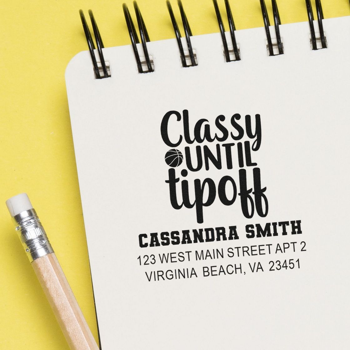 Personalized rubber stamp with Classy Until Tipoff design, name, and address for basketball fans and stationery.
