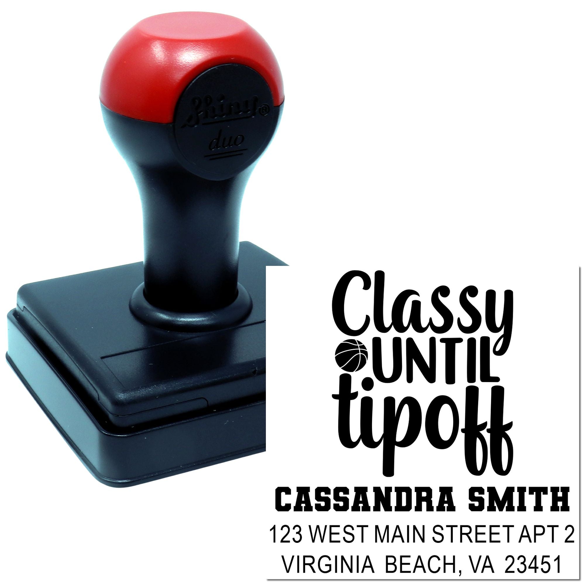 Custom self-inking rubber stamp with basketball-themed Classy Until Tipoff design and name-address imprint for personalized mailing.