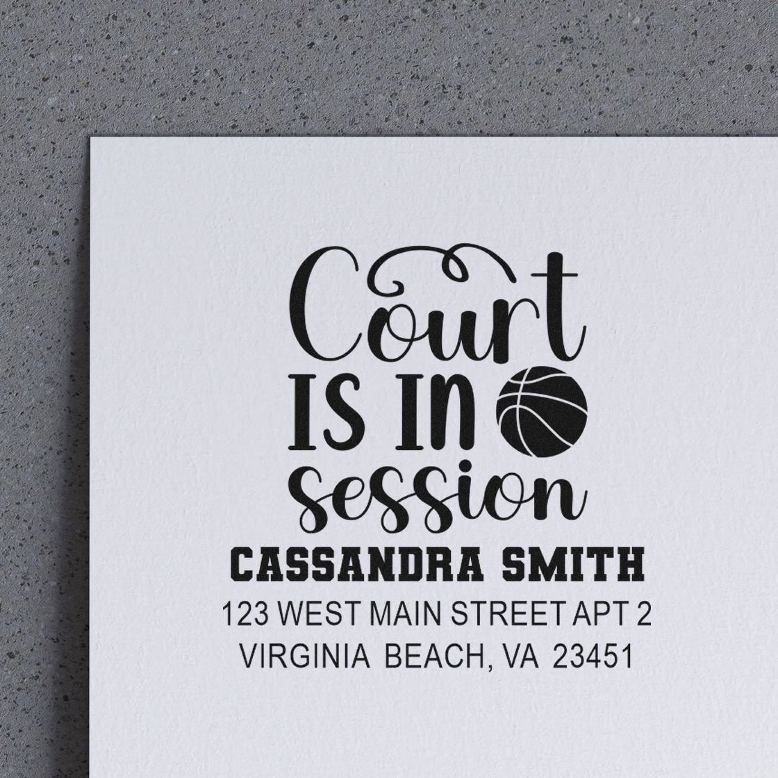 Custom basketball rubber stamp with Court Is In Session design, name, and address for personalized return mail.