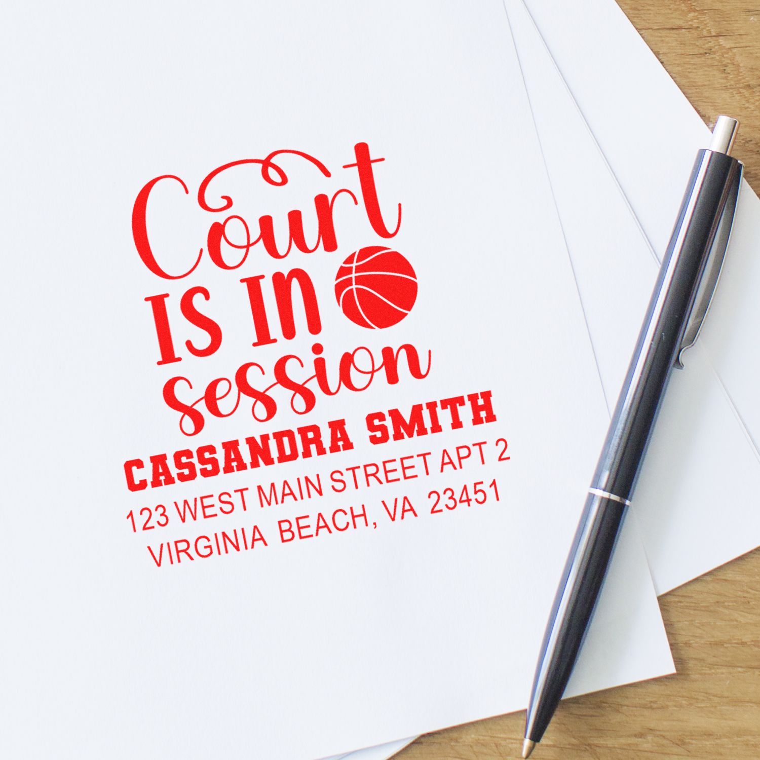 Personalized basketball return address rubber stamp with Court Is In Session name and address design.