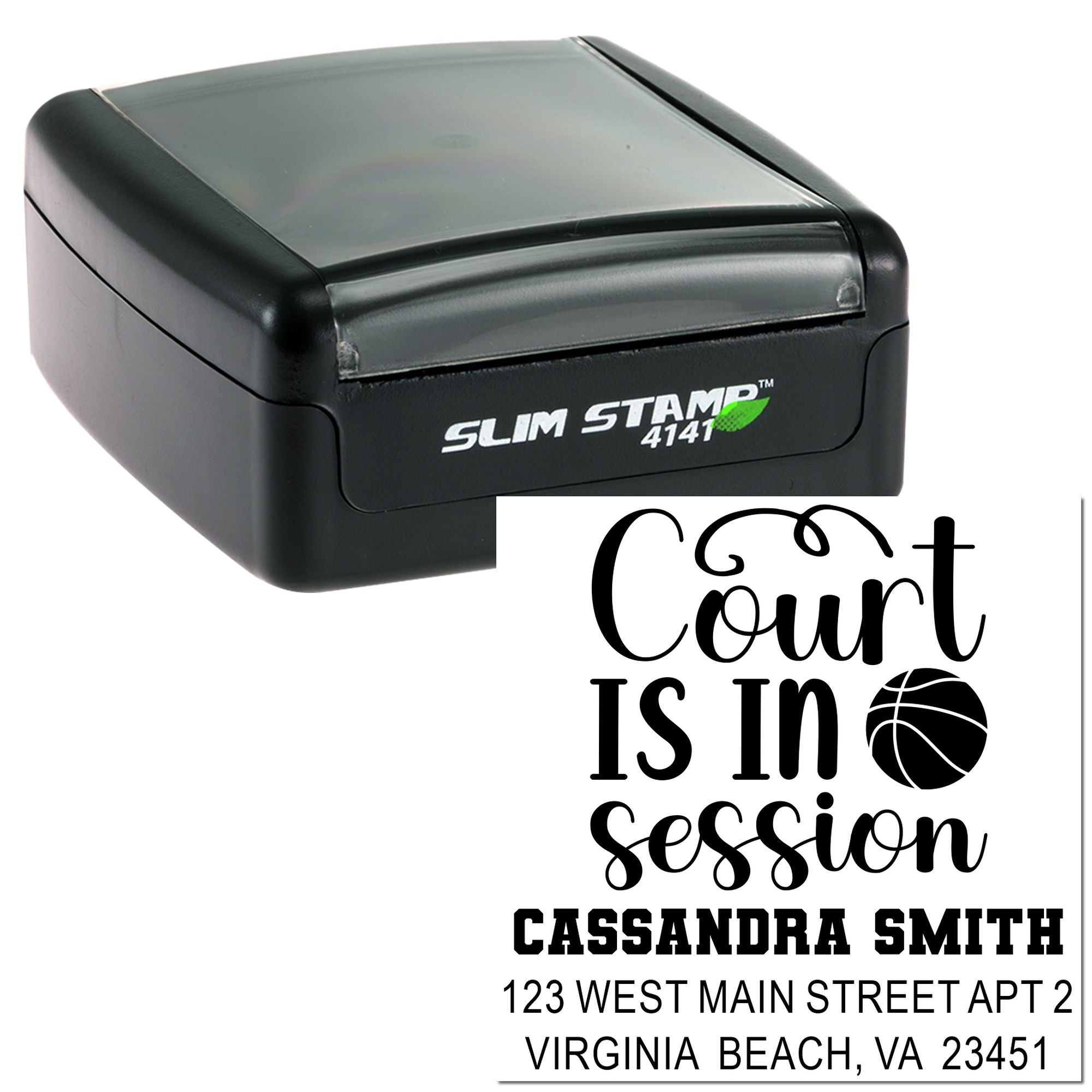 Custom self-inking rubber stamp with Court Is In Session basketball design, name, and address for personalized mail.