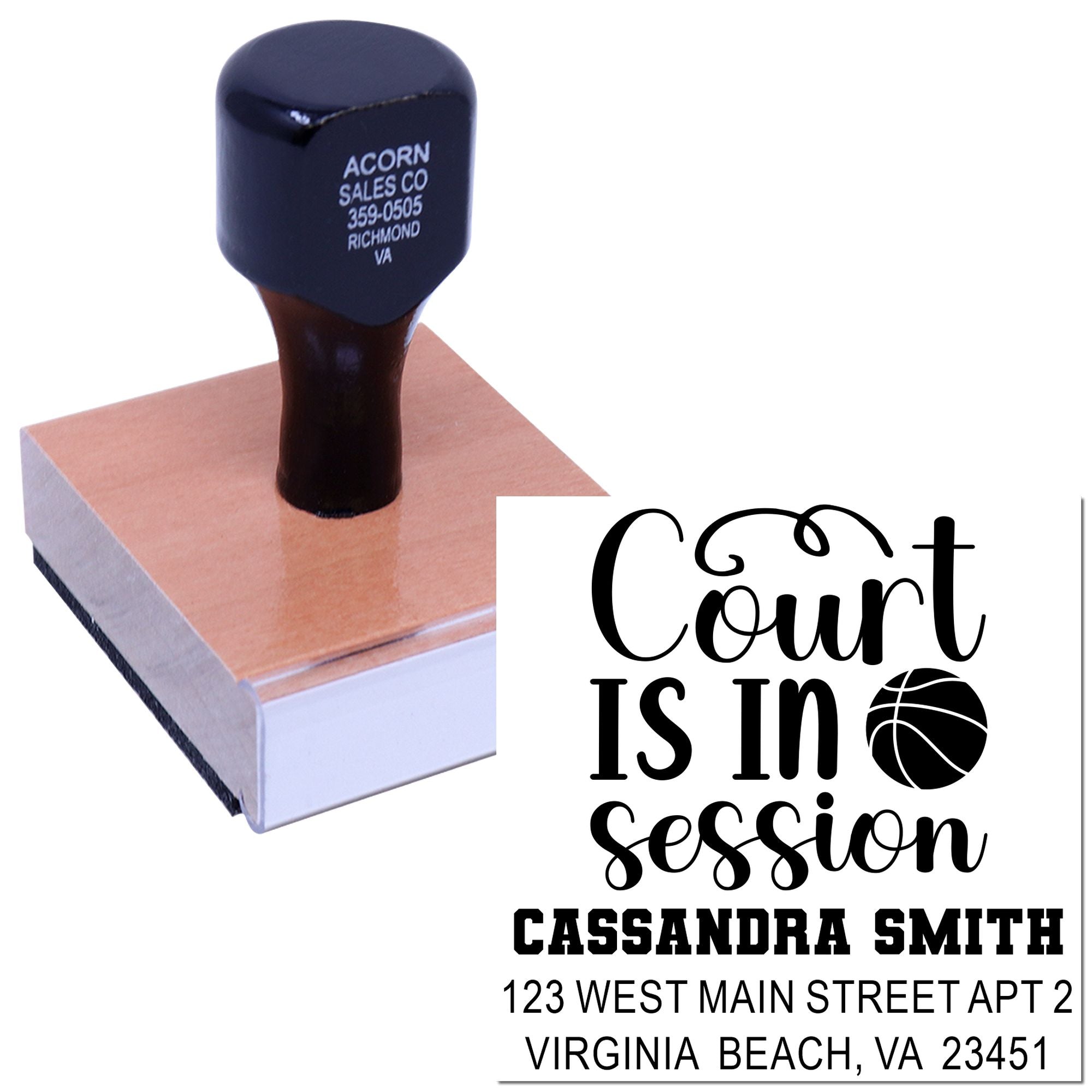 Custom self-inking rubber stamp with Court Is In Session design and personalized name and address imprint.