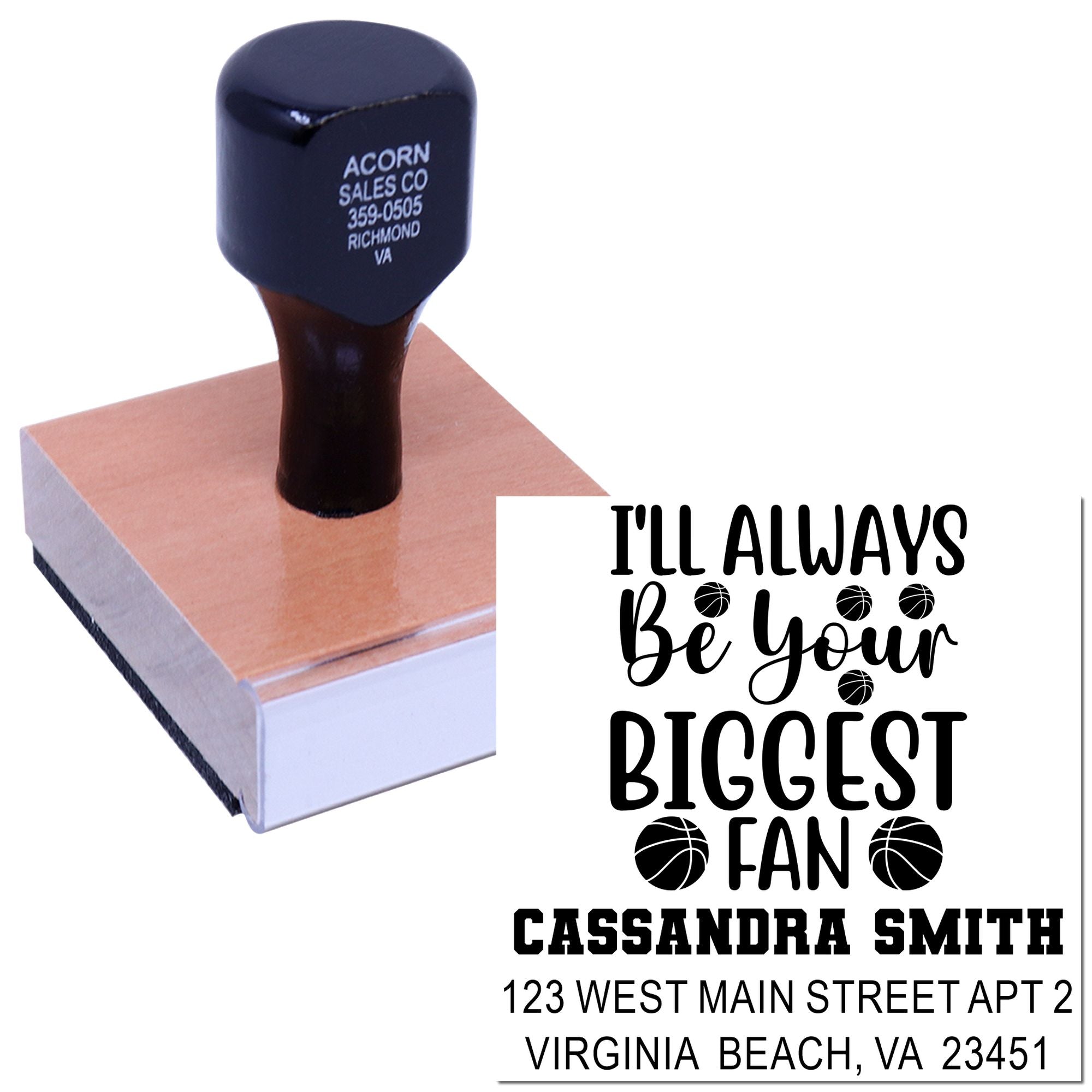 Custom basketball fan address rubber stamp with name and mailing address for personalized cards, invitations, and mail.