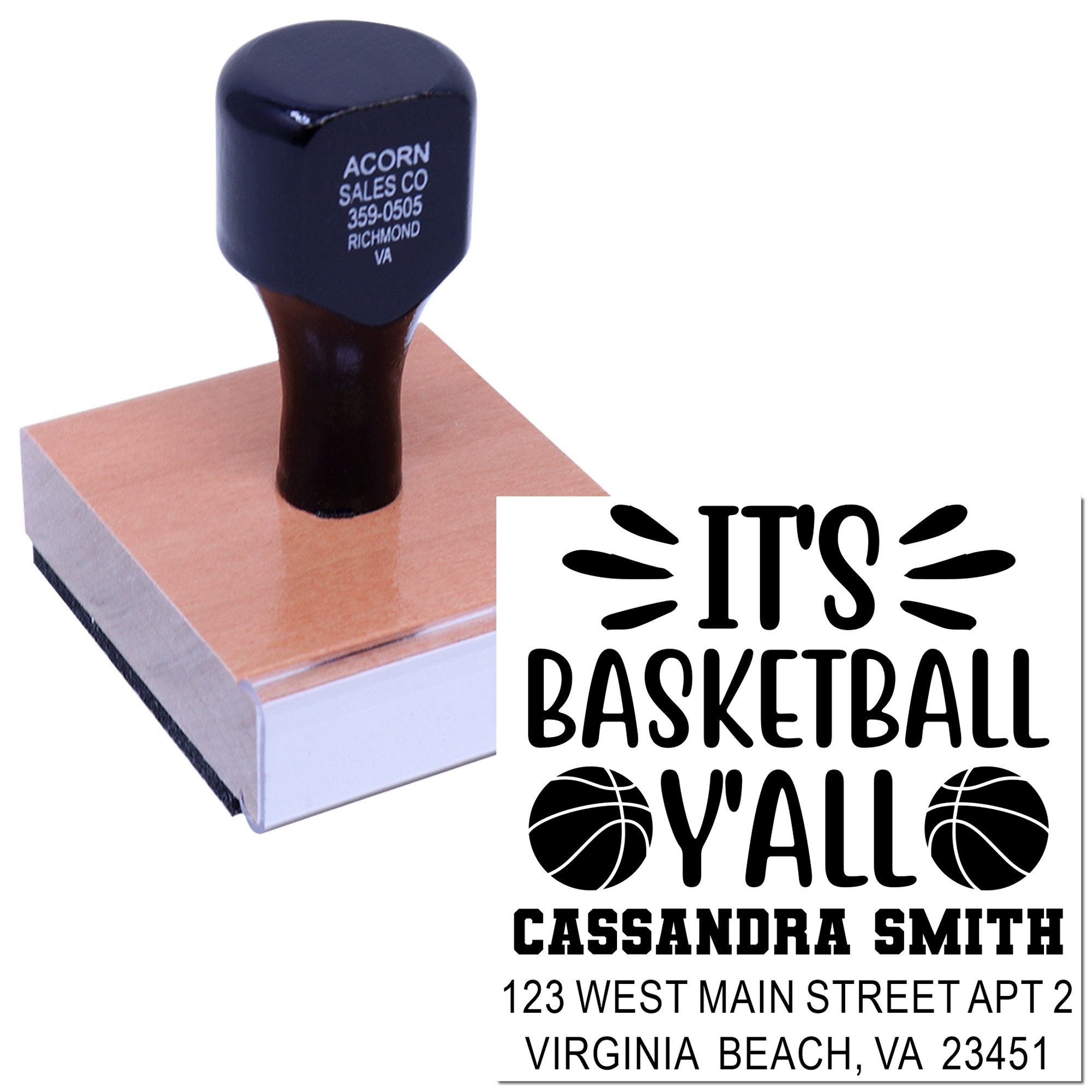 Custom basketball rubber stamp with personalized name and address, featuring Its Basketball Yall sports design.