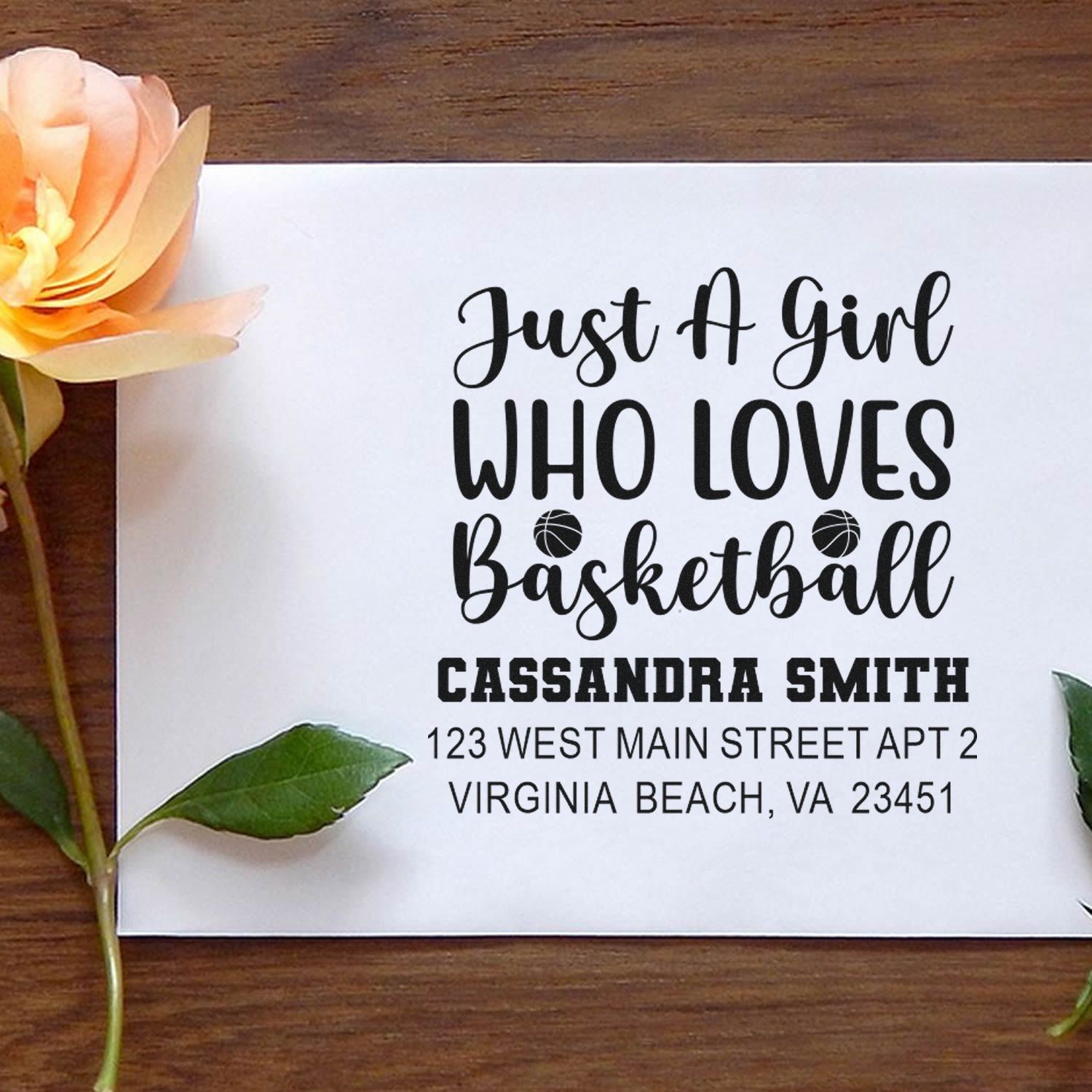 Personalized basketball-themed return address rubber stamp with Just a Girl Who Loves Basketball for Cassandra Smith.