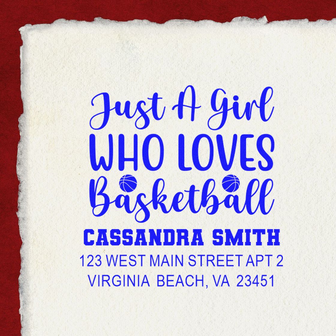 Custom basketball-themed rubber stamp with name and address for personalized stationery and mailing.