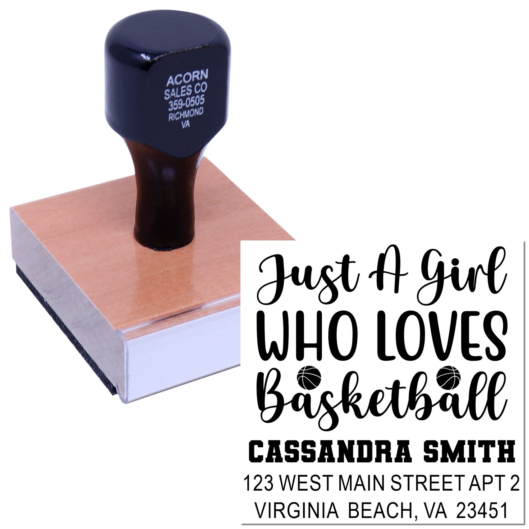 Custom rubber stamp showing a Just a Girl Who Loves Basketball design with name and address for personalized mailing.