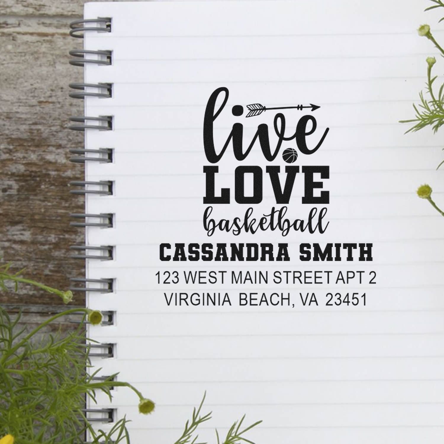 Custom rubber stamp design with Live Love Basketball, personalized name, and address for sports-themed mailing.