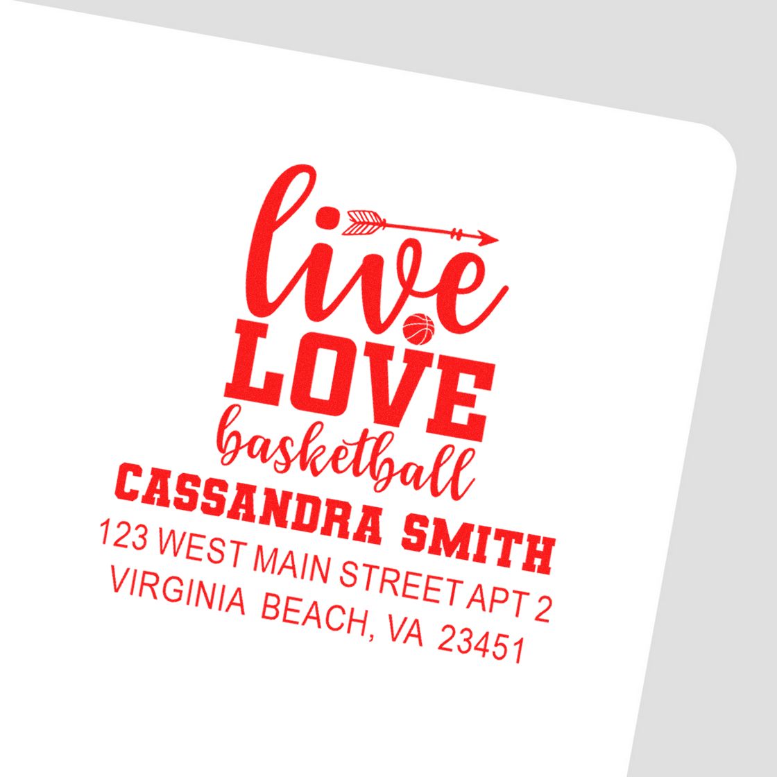 Custom live love basketball rubber stamp with personalized name and return address for Cassandra Smith in Virginia Beach, VA