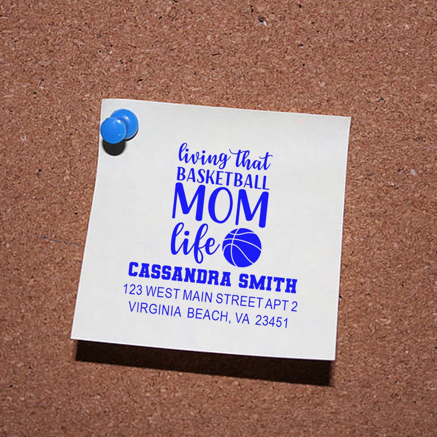 Personalized basketball mom rubber stamp with name and address, featuring living that basketball mom life design.