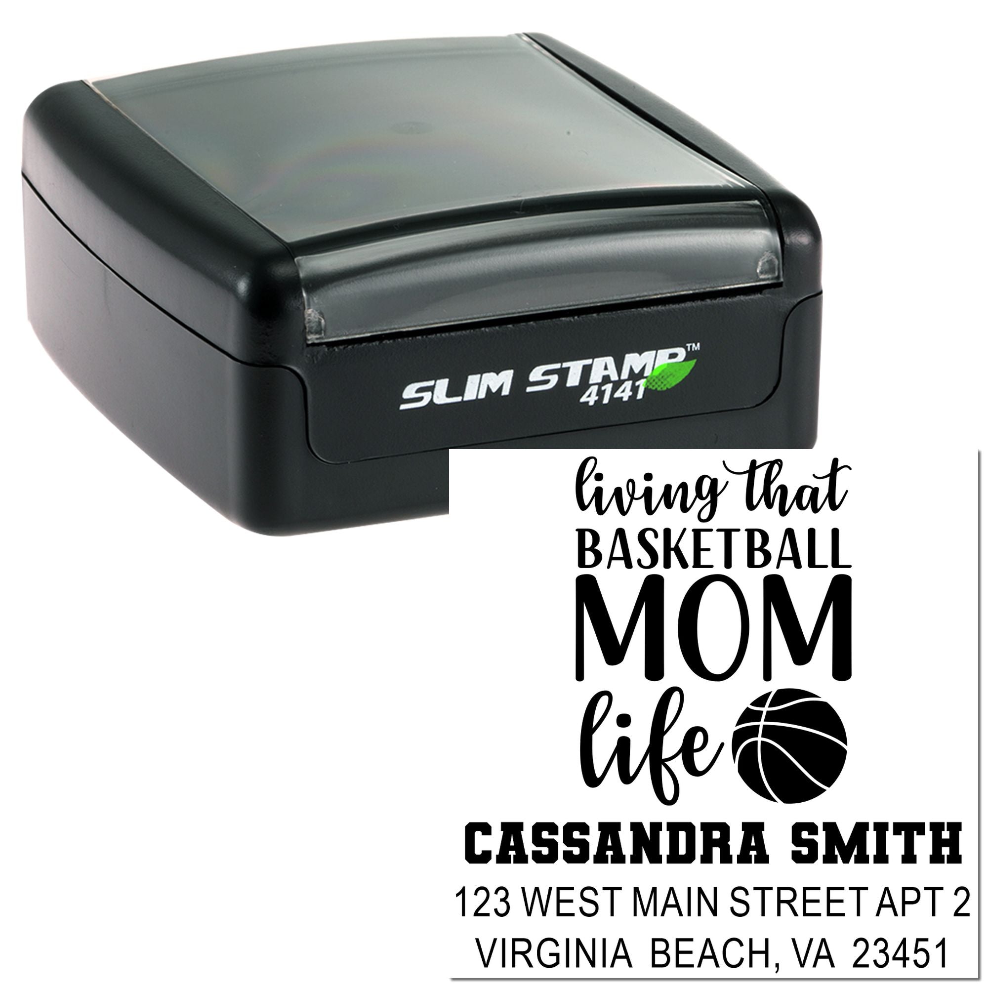 Basketball Mom Life Custom Rubber Stamp â€“ 1-5/8" Square , Slim Pre-Inked Style