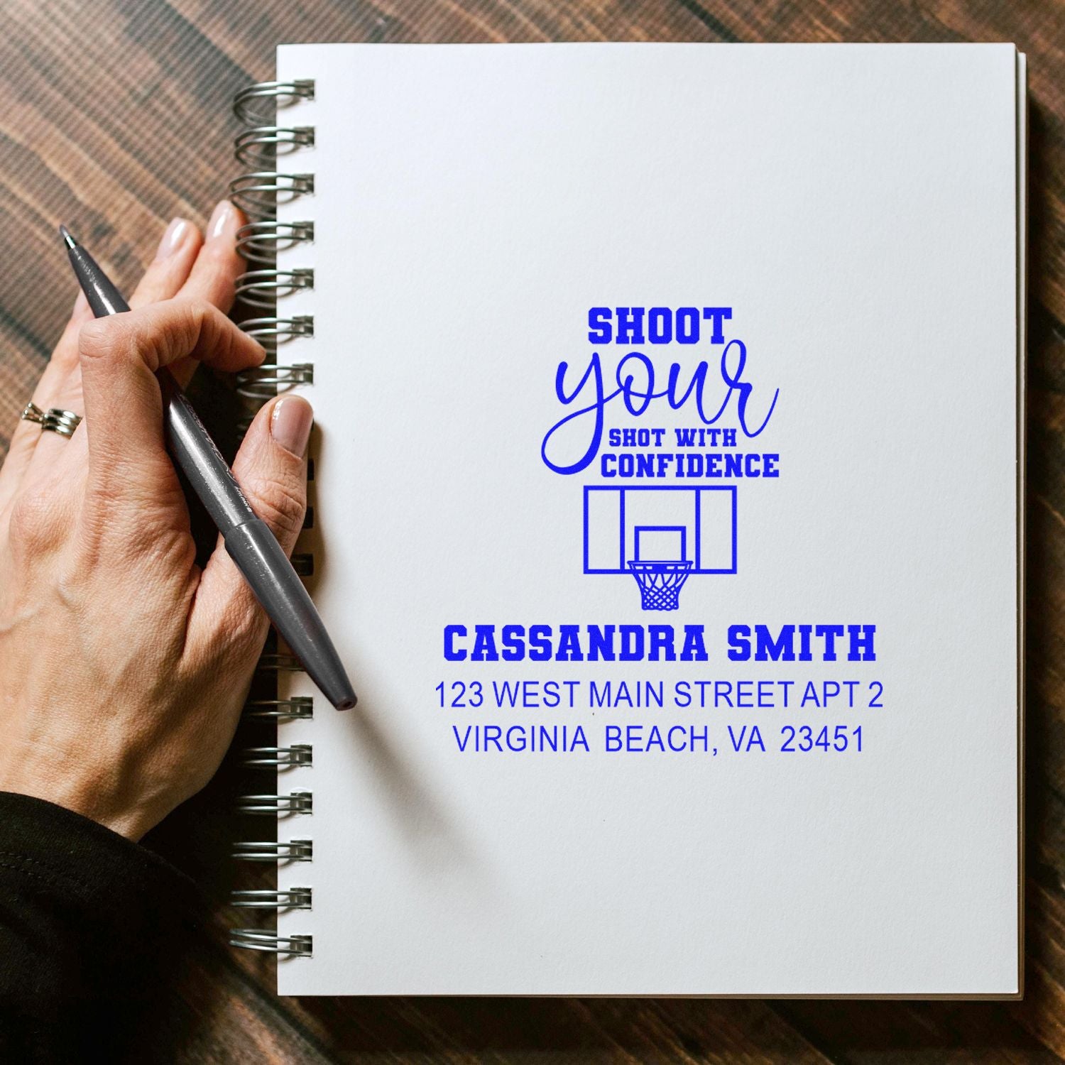 Personalized basketball address rubber stamp with Shoot your shot with confidence for Cassandra Smith.