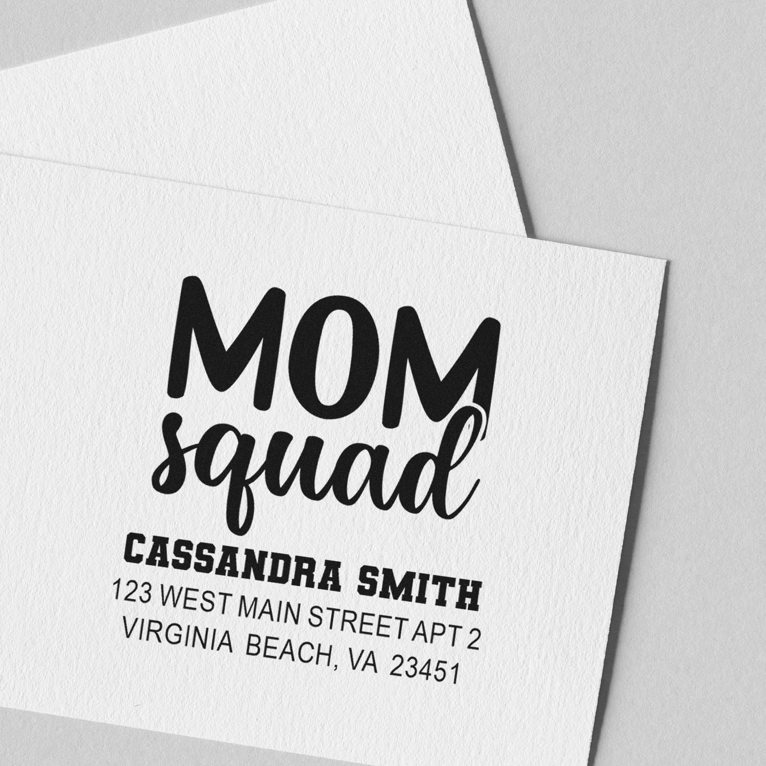 Personalized Mom Squad address rubber stamp for custom envelopes, cards, and family mail.