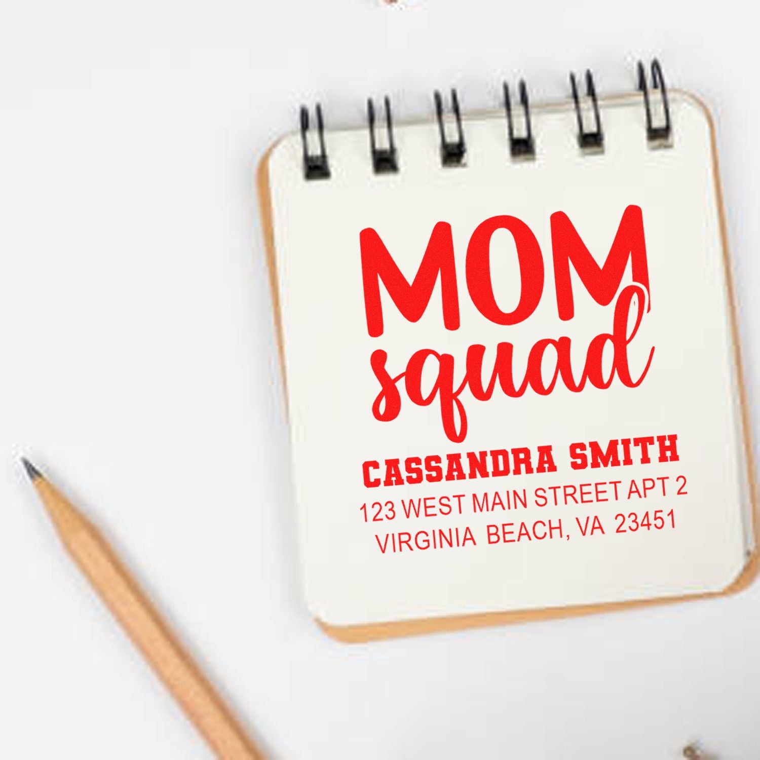 Personalized Mom Squad rubber stamp with custom name and address for stationery, gifts, and family mail.