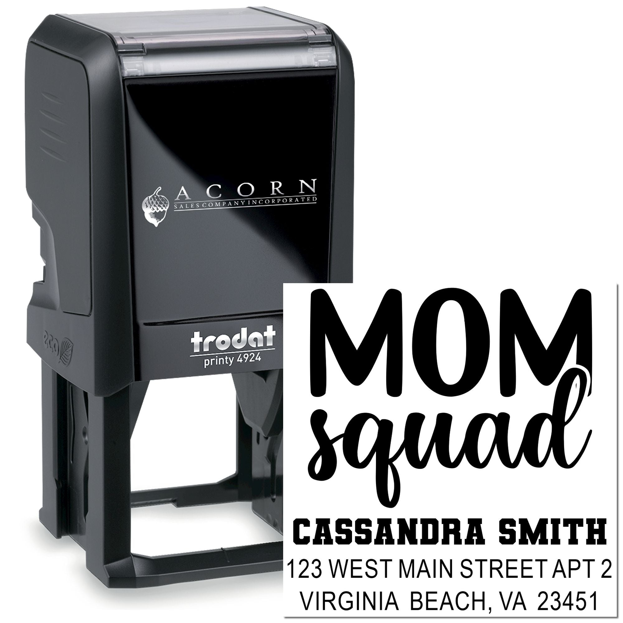 Self-inking rubber stamp for Mom Squad, personalized with name and address for return mail, cards, and gifts.