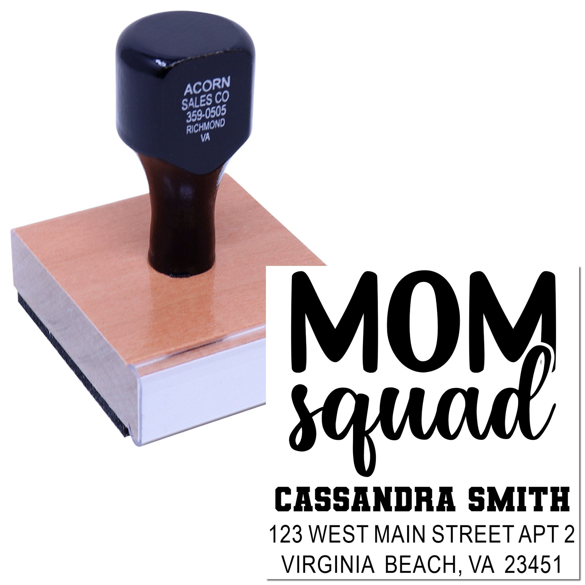 Custom Mom Squad rubber stamp with personalized name and address, perfect for Mother's Day cards, gifts, and crafts.