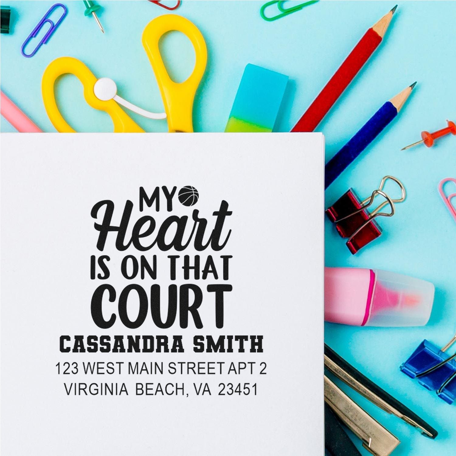 Custom return address rubber stamp with basketball design and My Heart Is On That Court for personalized stationery.
