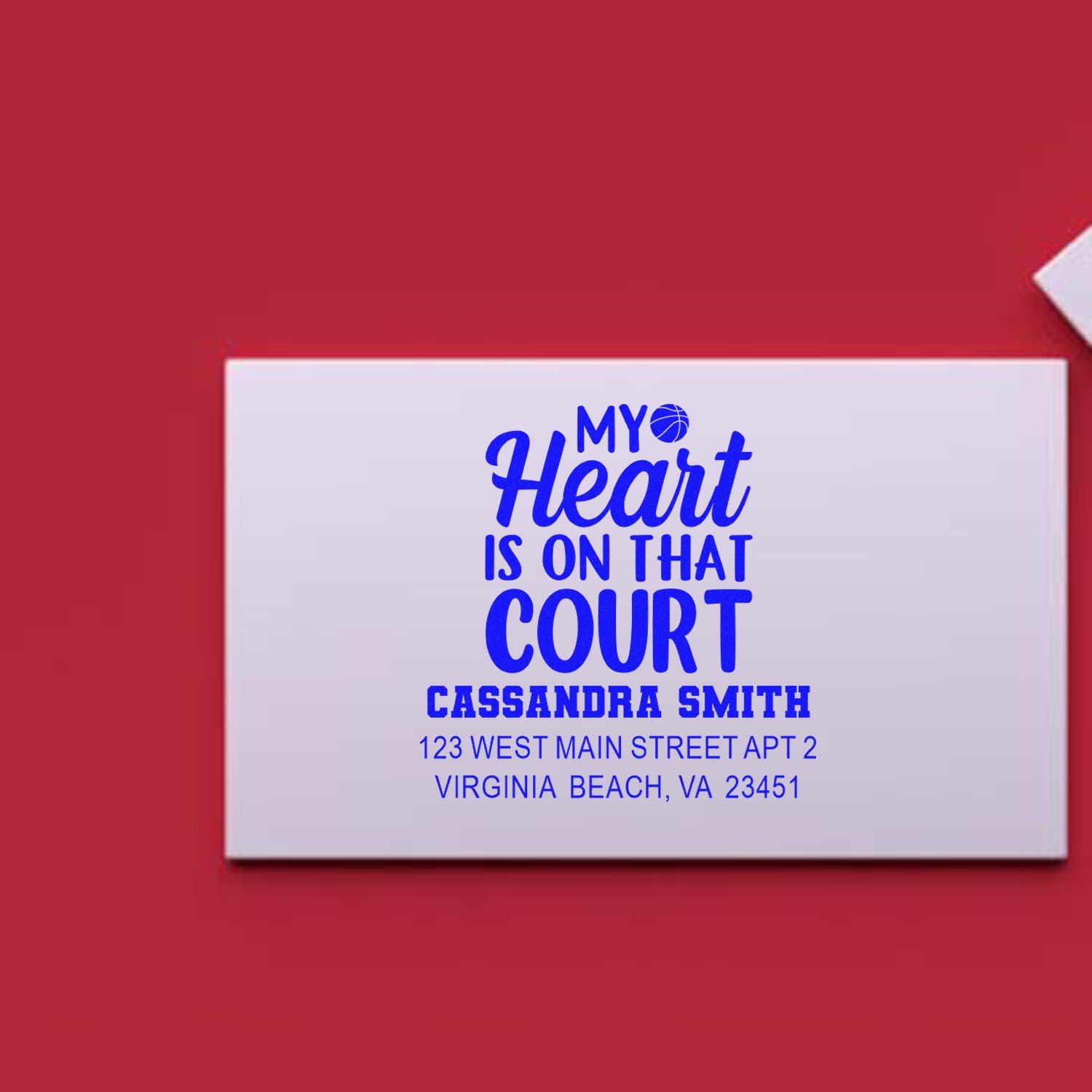 Personalized basketball return address rubber stamp with My Heart Is on That Court design for Cassandra Smith.